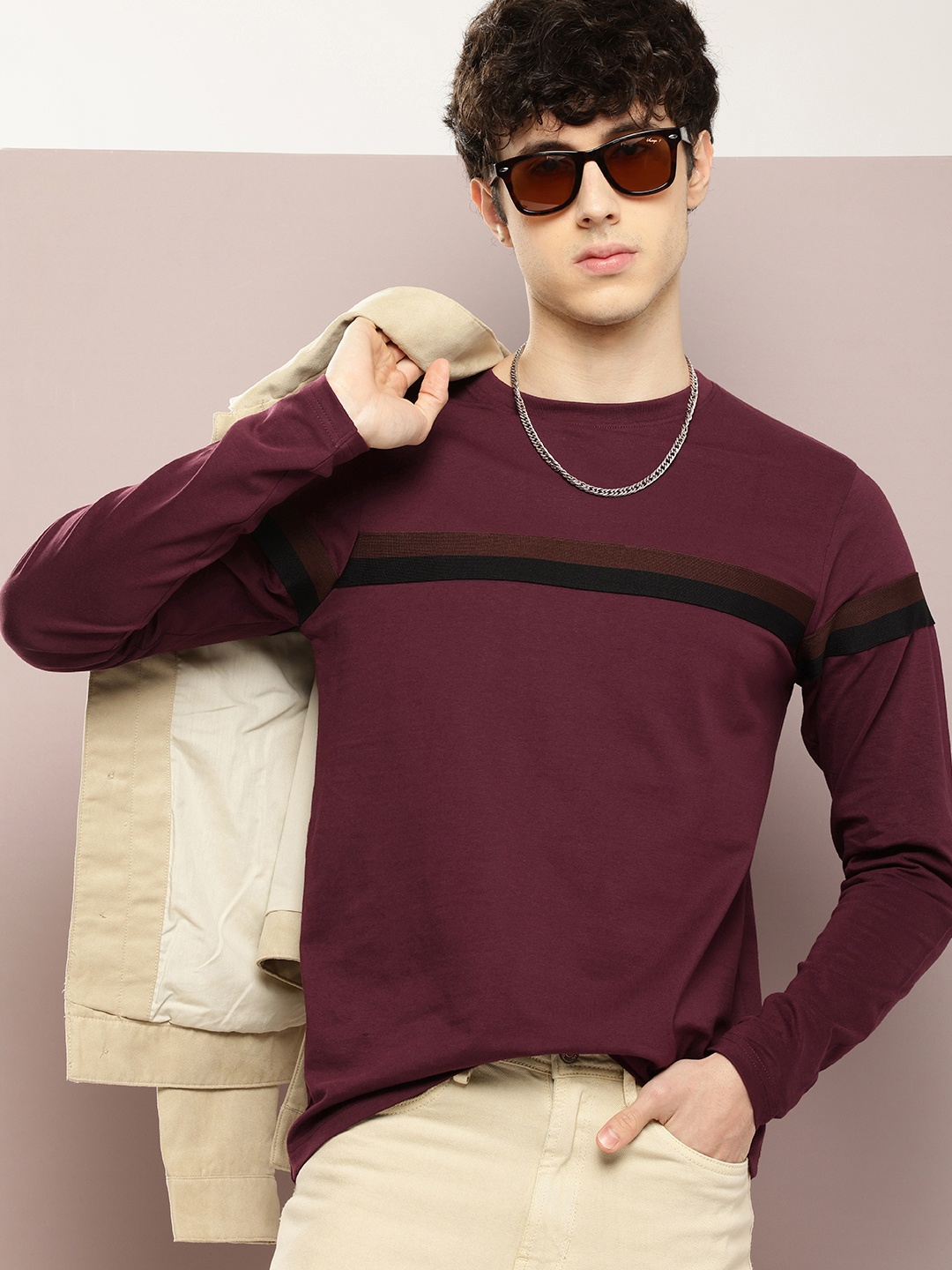 

DILLINGER Men Striped Pure Cotton T-shirt, Burgundy