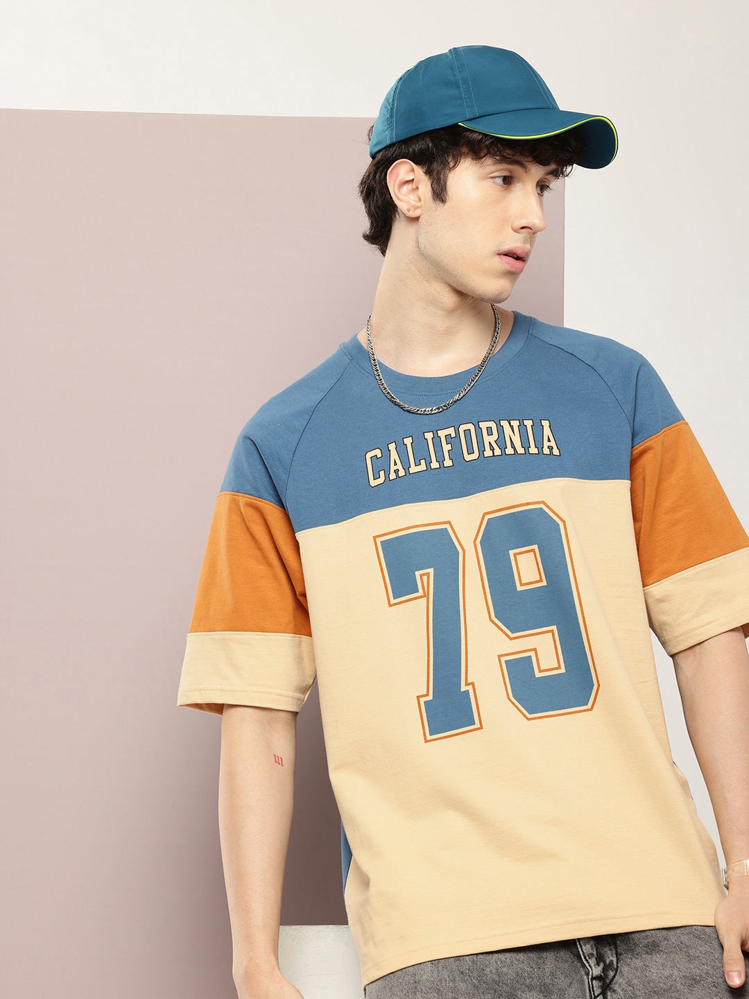 DILLINGER Colour-Blocked Printed Oversized T-shirt, Beige
