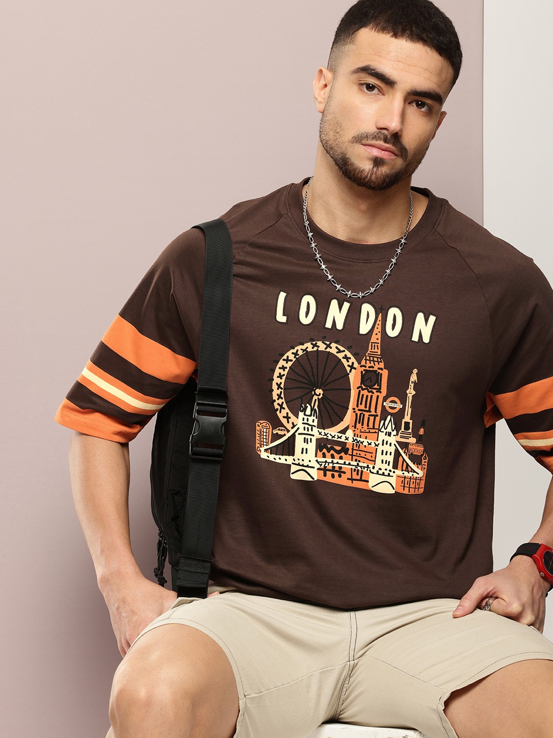DILLINGER Men Printed Oversized Pure Cotton T-shirt, Brown