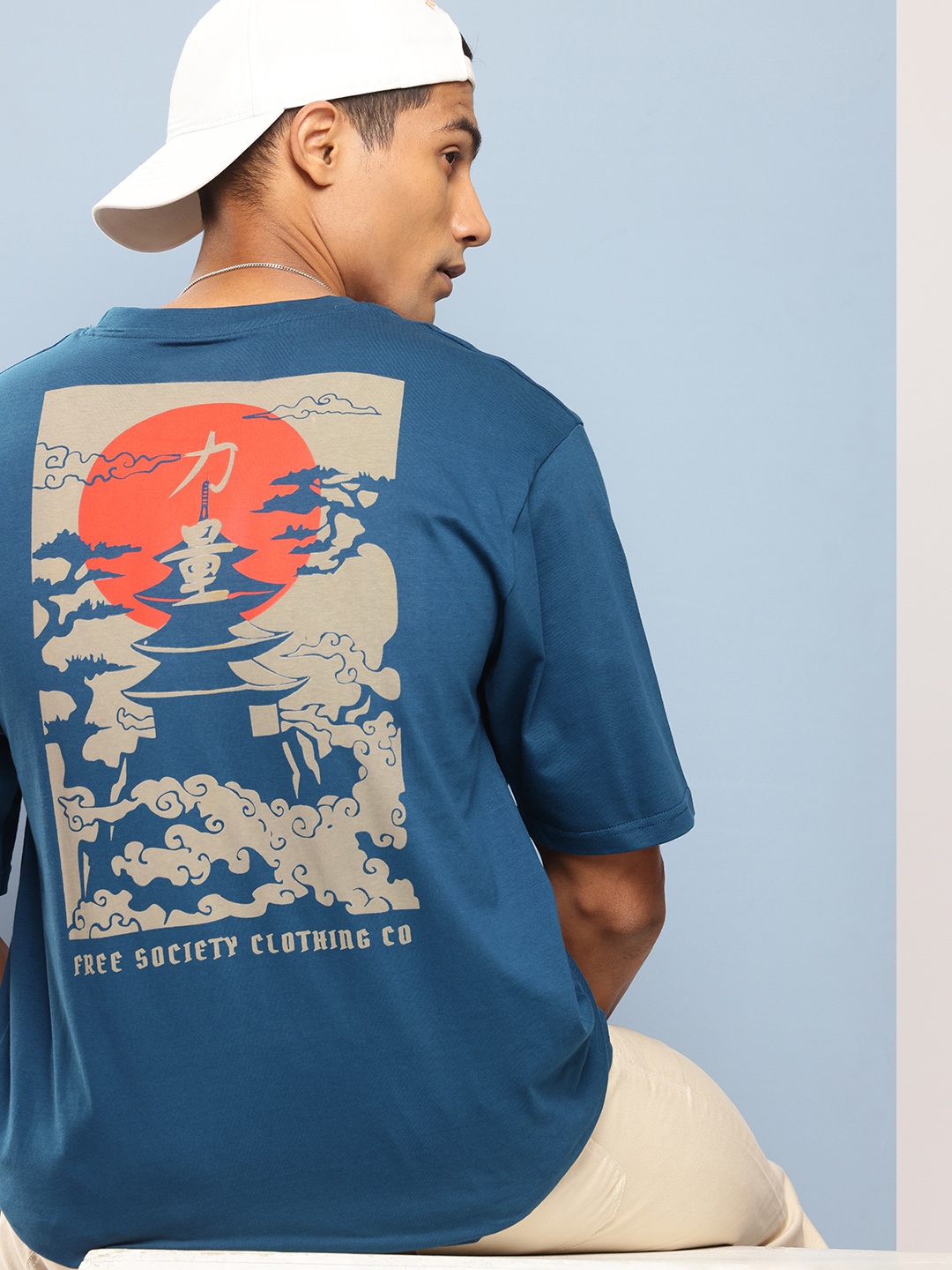 

FREE SOCIETY Men Printed Oversized Pure Cotton T-shirt, Blue