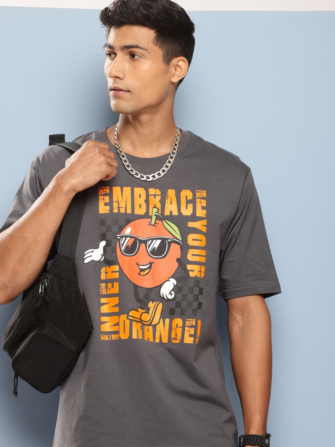 

FREE SOCIETY Men Printed Oversized Pure Cotton T-shirt, Grey