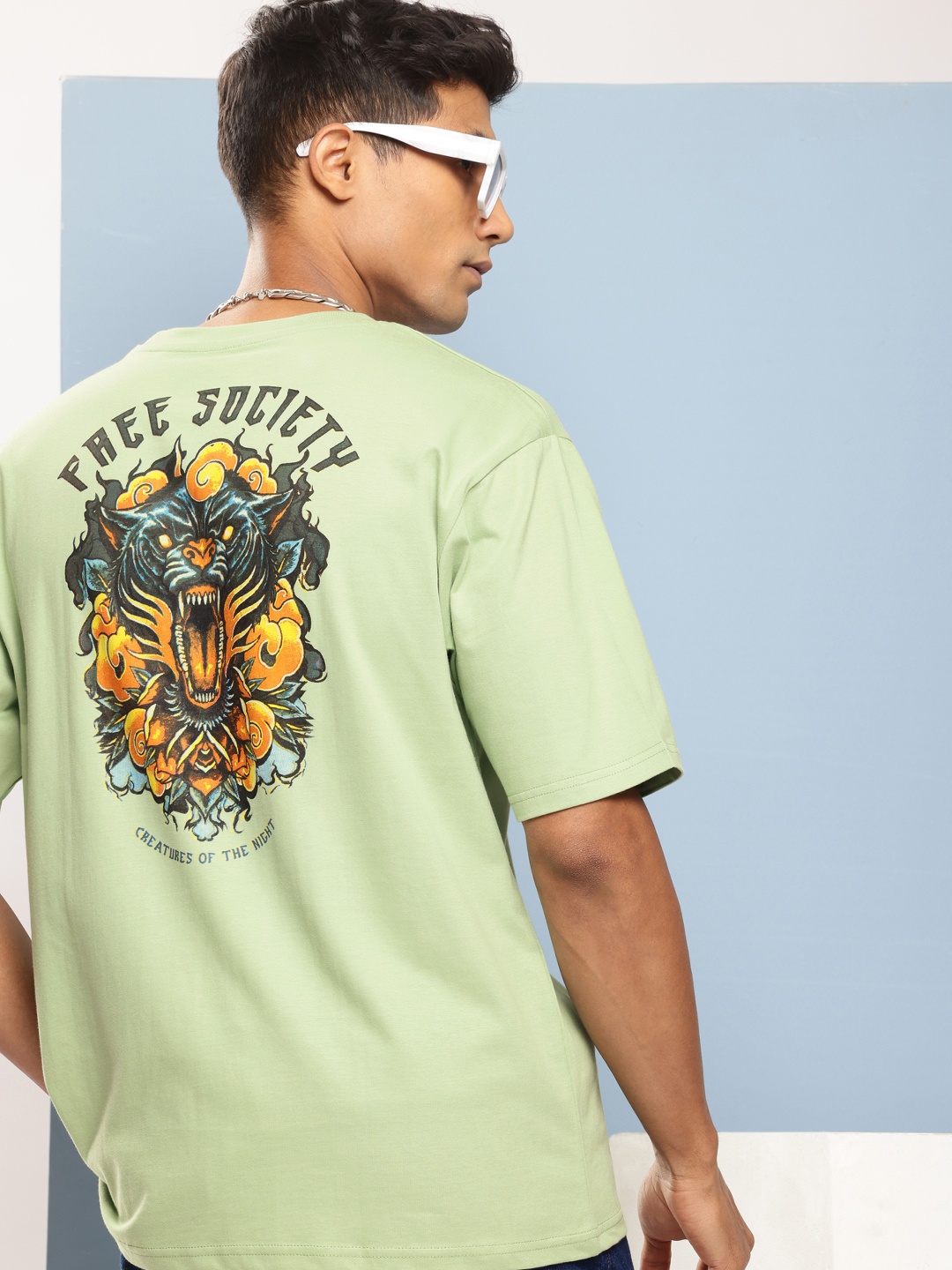 FREE SOCIETY Men Printed Oversized Pure Cotton T-shirt, Sea green