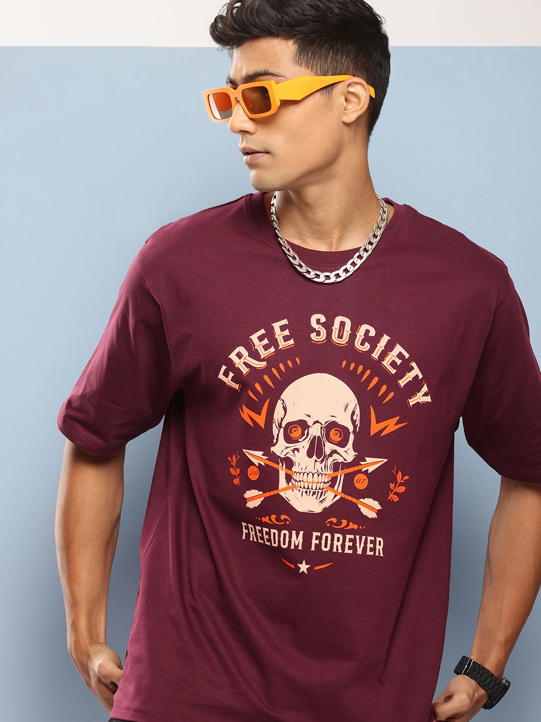 

FREE SOCIETY Men Printed Oversized Pure Cotton T-shirt, Burgundy