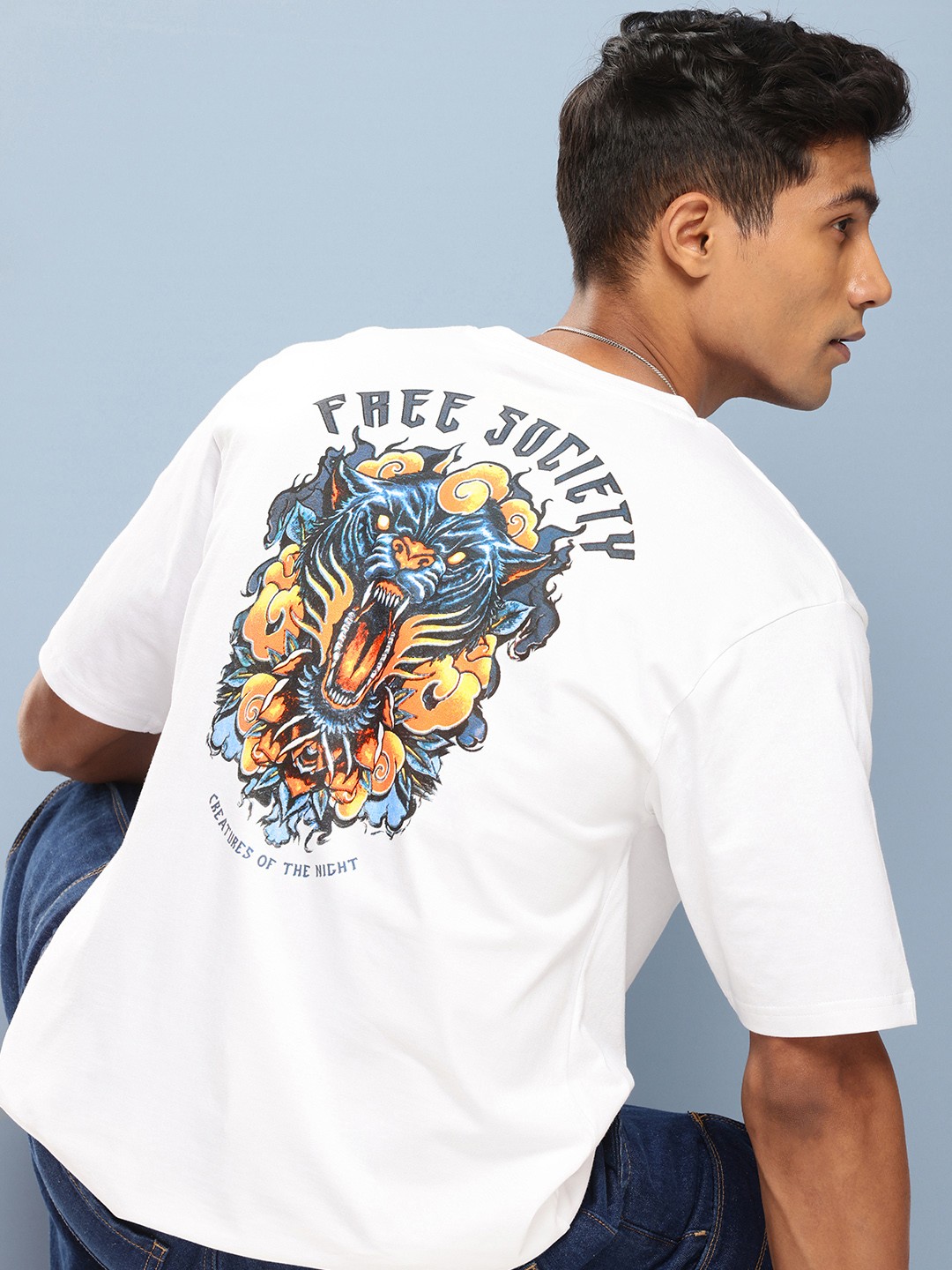 

FREE SOCIETY Men Printed Oversized Pure Cotton T-shirt, White