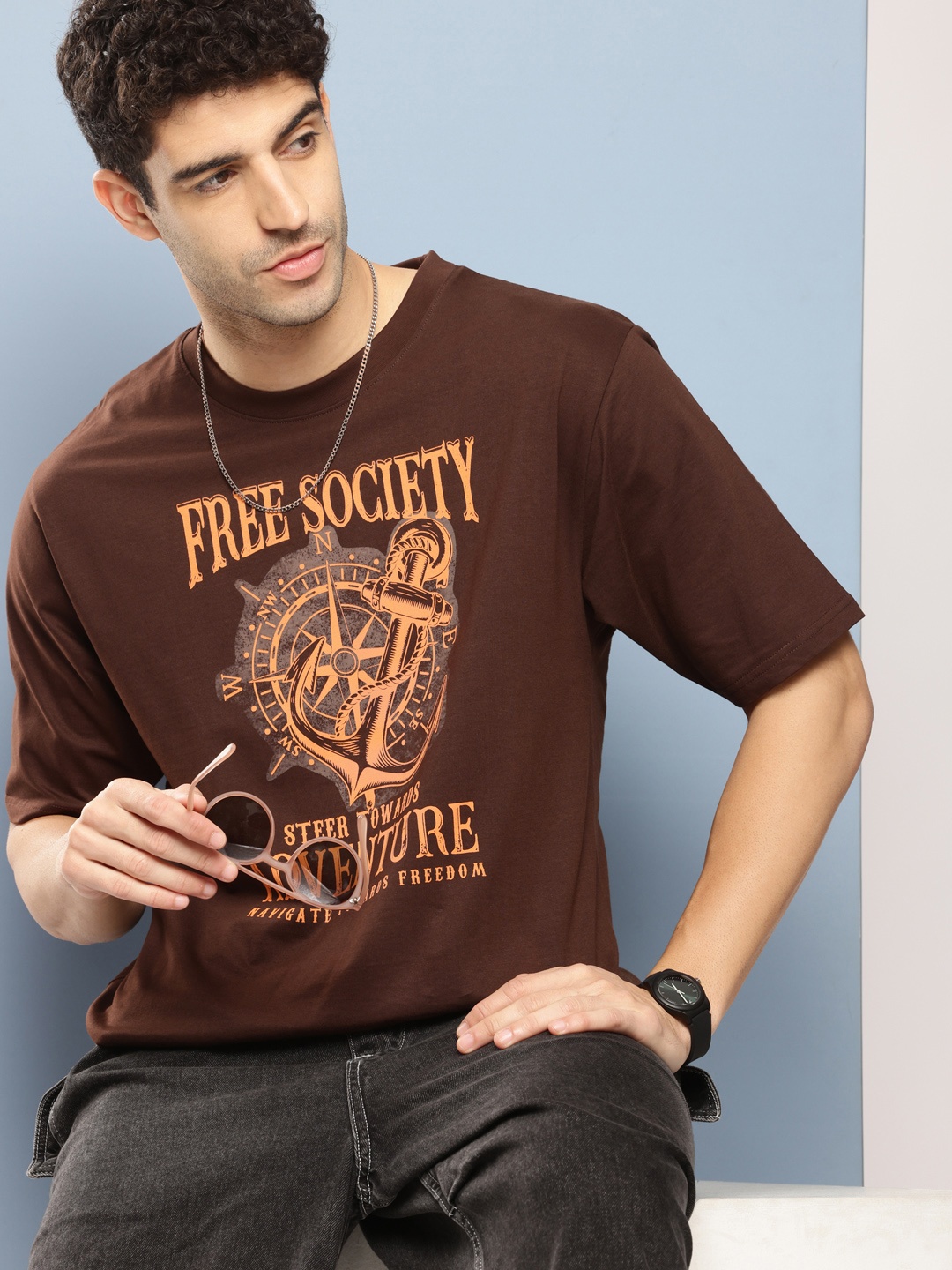 

FREE SOCIETY Men Printed Oversized Pure Cotton T-shirt, Brown