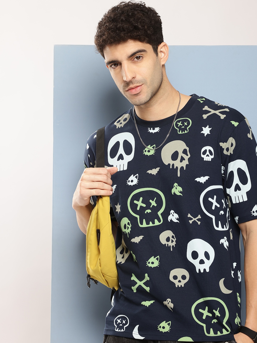 FREE SOCIETY Men Printed Oversized Pure Cotton T-shirt, Navy blue