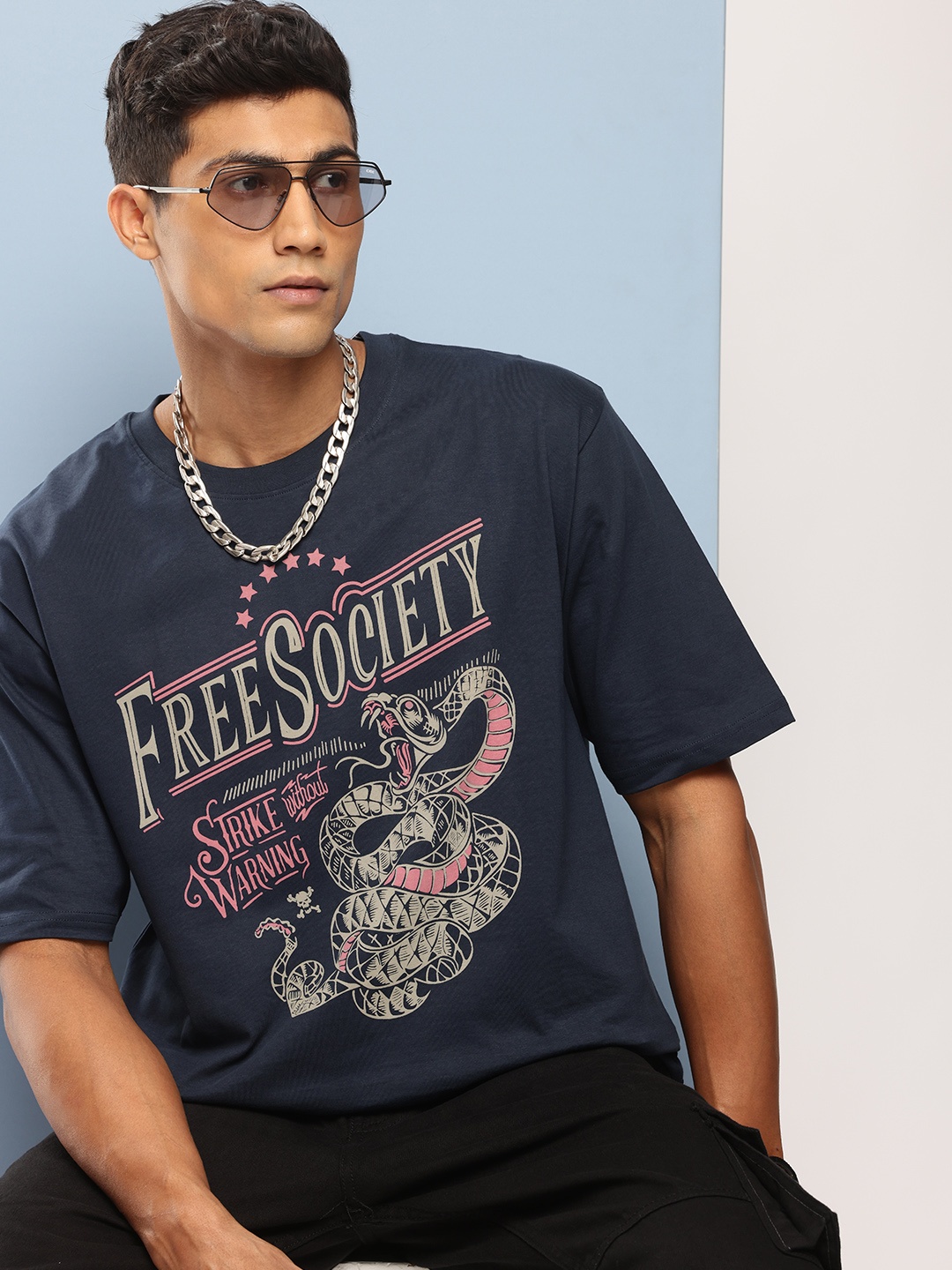 

FREE SOCIETY Men Printed Oversized Pure Cotton T-shirt, Navy blue