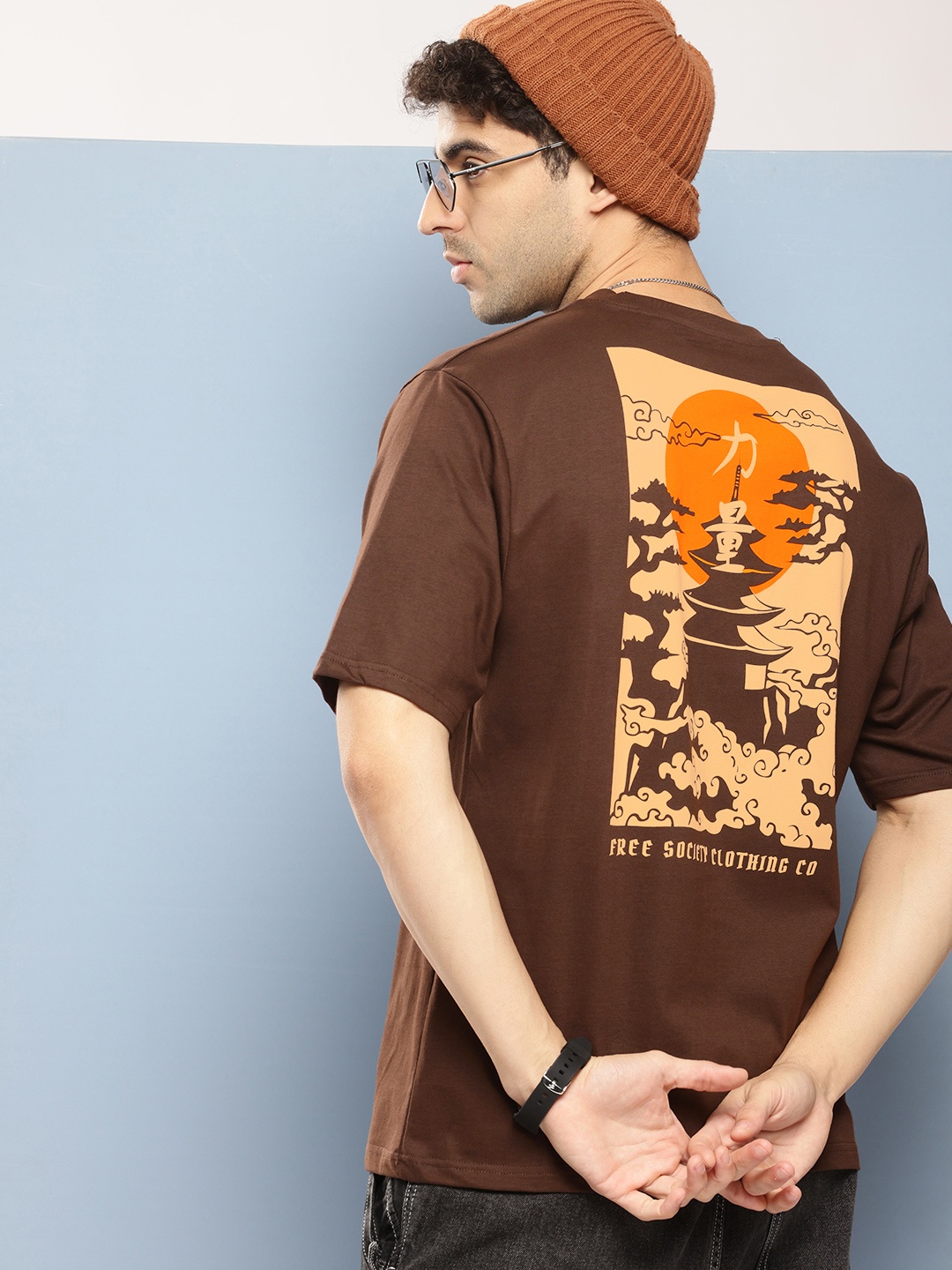 

FREE SOCIETY Men Printed Oversized Pure Cotton T-shirt, Brown