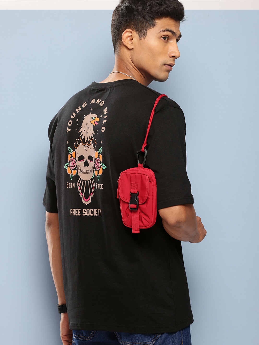 

FREE SOCIETY Men Printed Oversized Pure Cotton T-shirt, Black