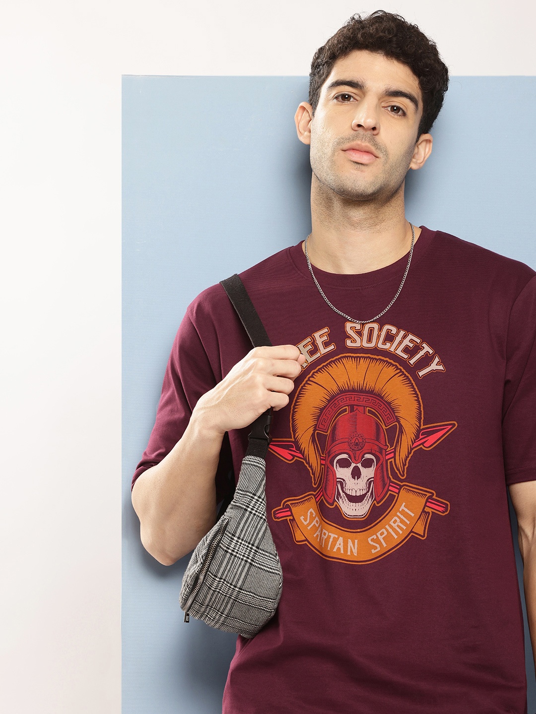 

FREE SOCIETY Men Printed Oversized Pure Cotton T-shirt, Burgundy