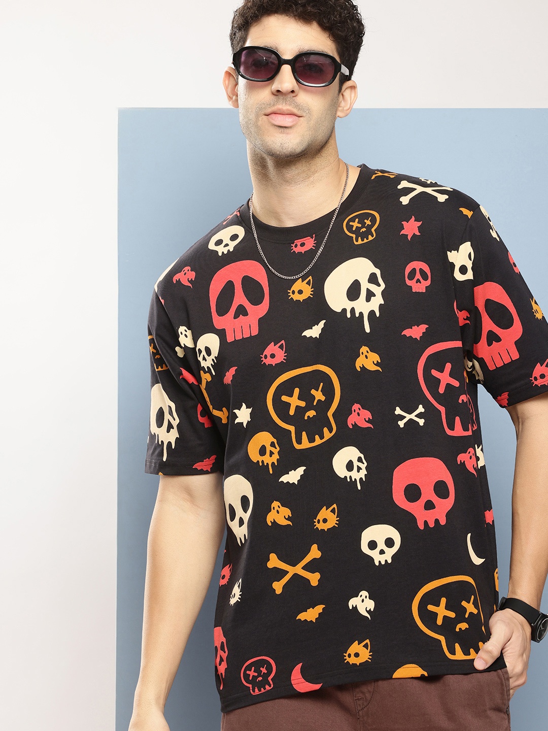FREE SOCIETY Men Printed Oversized Pure Cotton T-shirt, Black