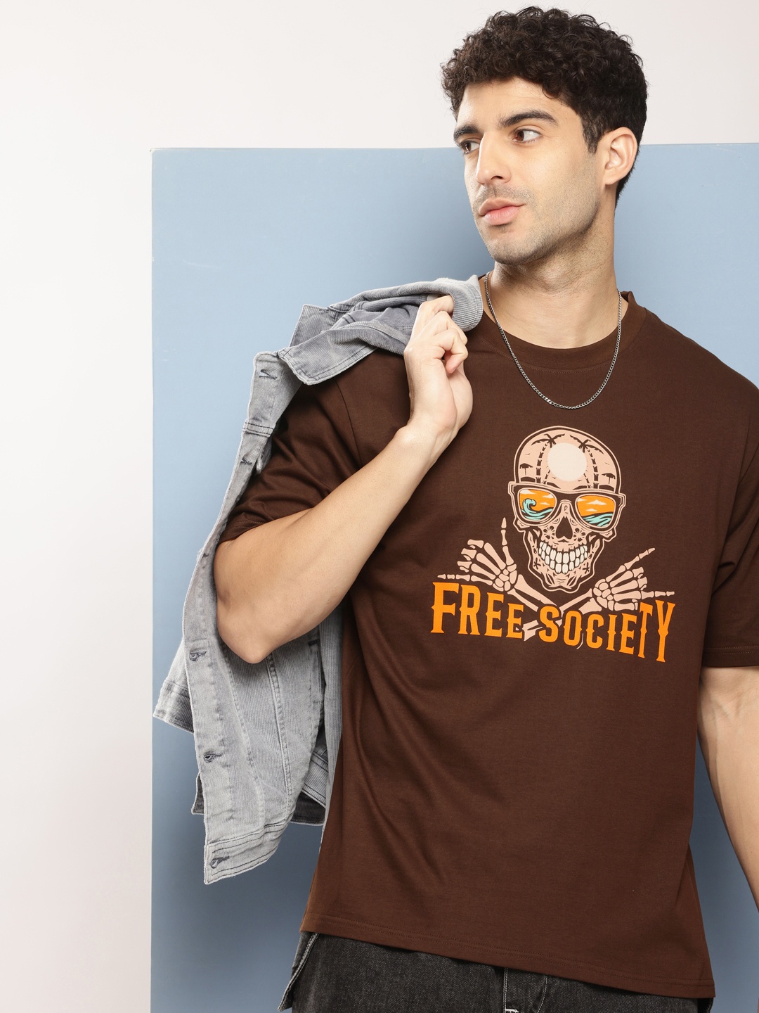 

FREE SOCIETY Men Printed Oversized Pure Cotton T-shirt, Brown