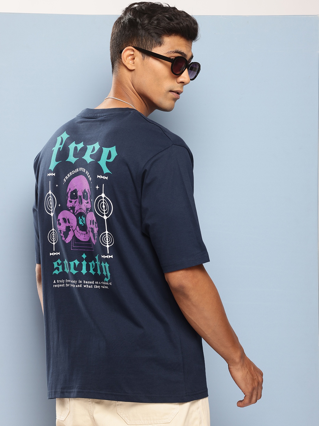 

FREE SOCIETY Men Printed Oversized T-shirt, Navy blue