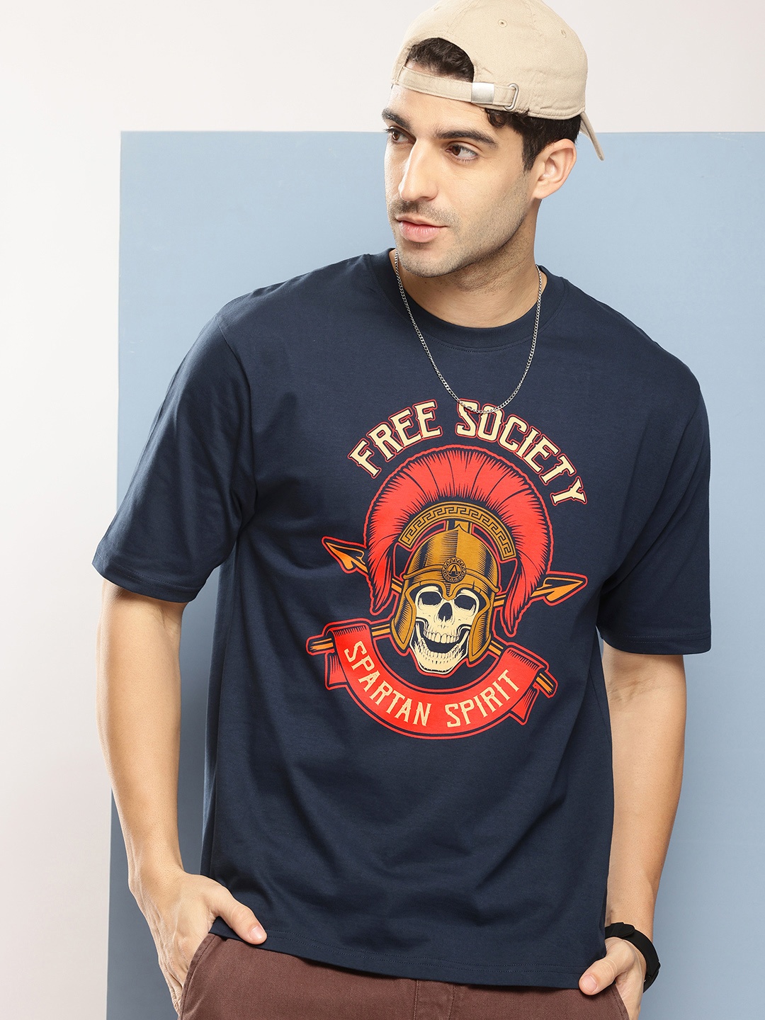 

FREE SOCIETY Men Printed Oversized Pure Cotton T-shirt, Navy blue