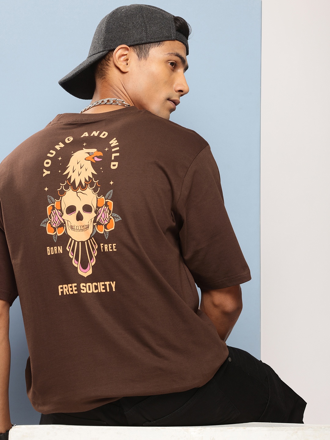 

FREE SOCIETY Men Printed Oversized Pure Cotton T-shirt, Brown