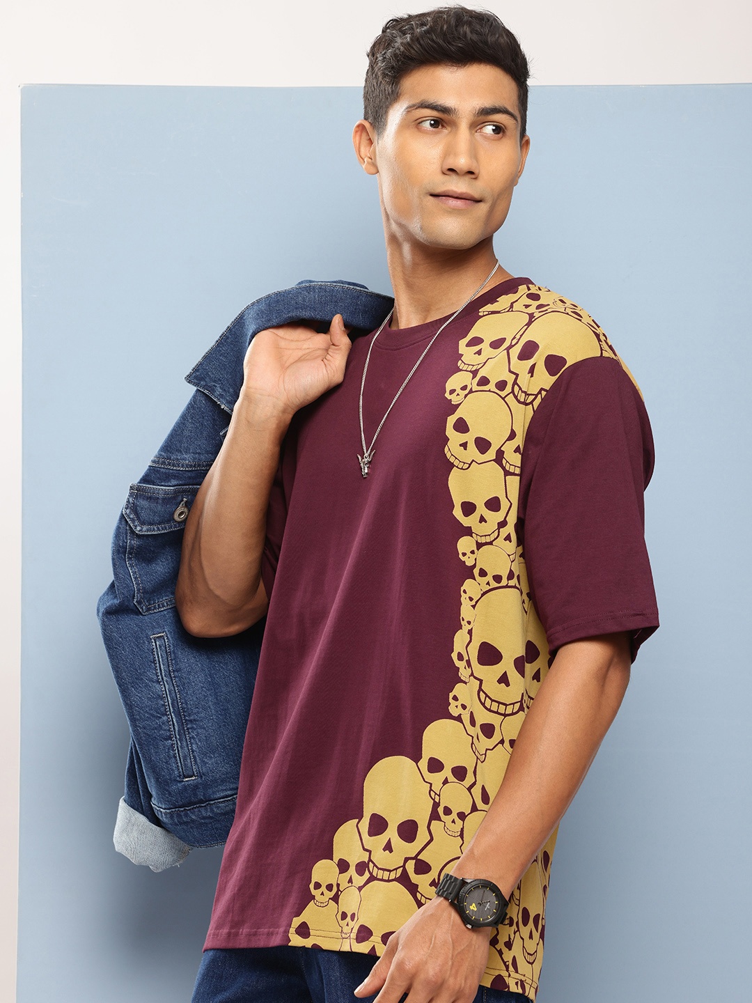 

FREE SOCIETY Men Printed Oversized Pure Cotton T-shirt, Burgundy