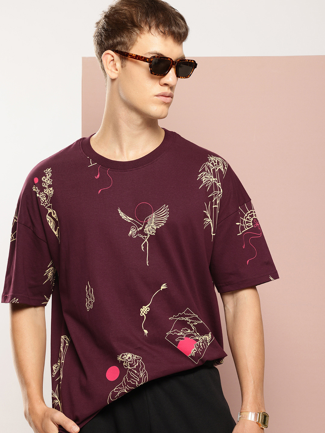 

Stormborn Men Printed Drop-Shoulder Sleeves Oversized Pure Cotton T-shirt, Burgundy