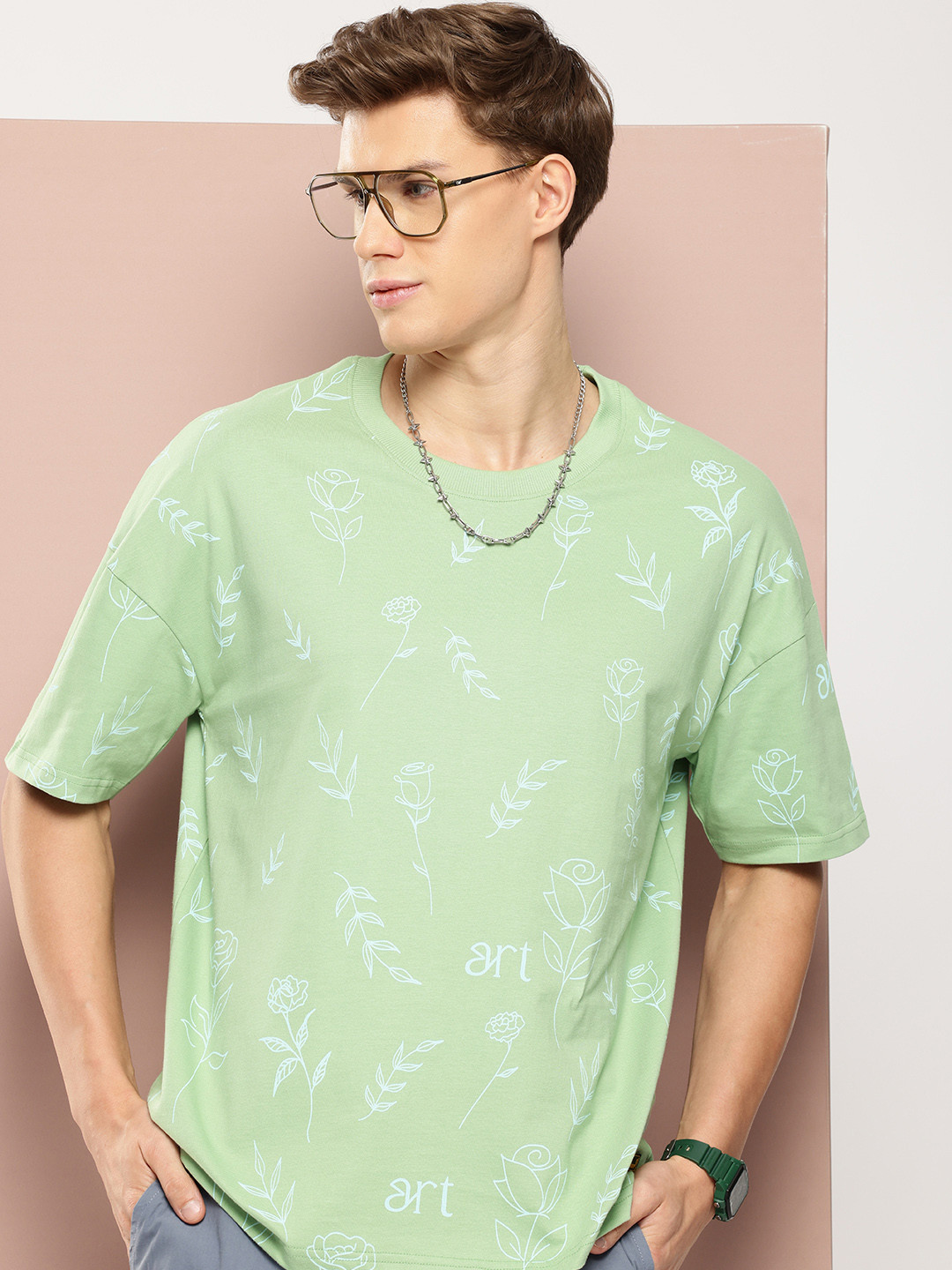 

Stormborn Men Floral Printed Drop-Shoulder Sleeves Oversized Pure Cotton T-shirt, Sea green