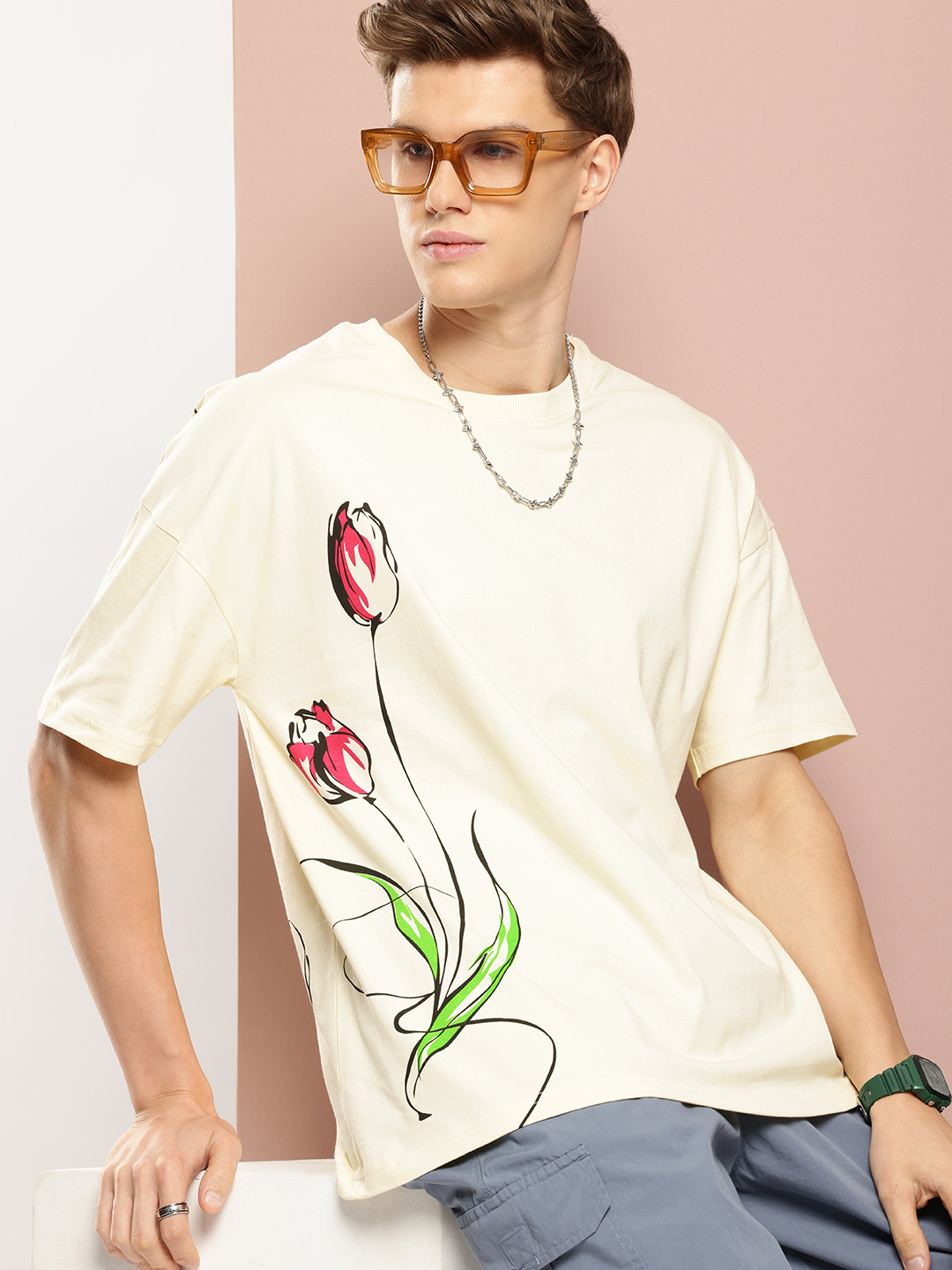 

Stormborn Men Floral Printed Drop-Shoulder Sleeves Oversized Pure Cotton T-shirt, White