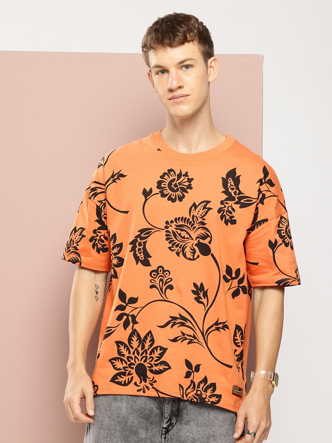 

Stormborn Men Floral Printed Drop-Shoulder Sleeves Oversized Pure Cotton T-shirt, Orange