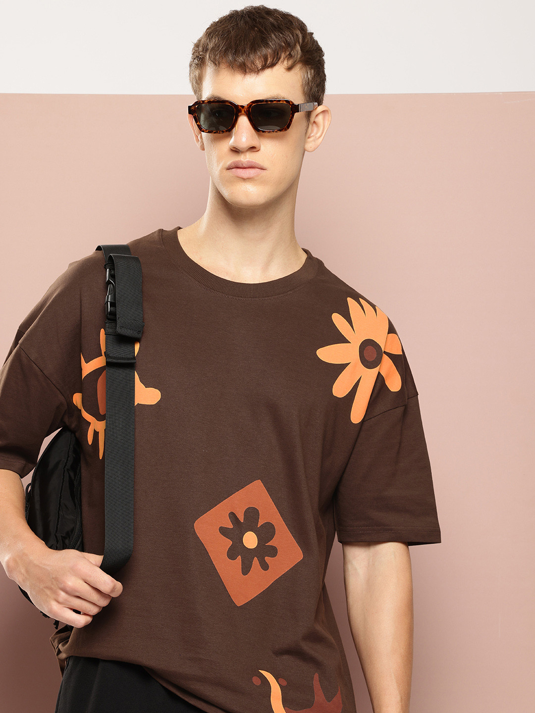 

Stormborn Men Printed Drop-Shoulder Sleeves Oversized Pure Cotton T-shirt, Brown
