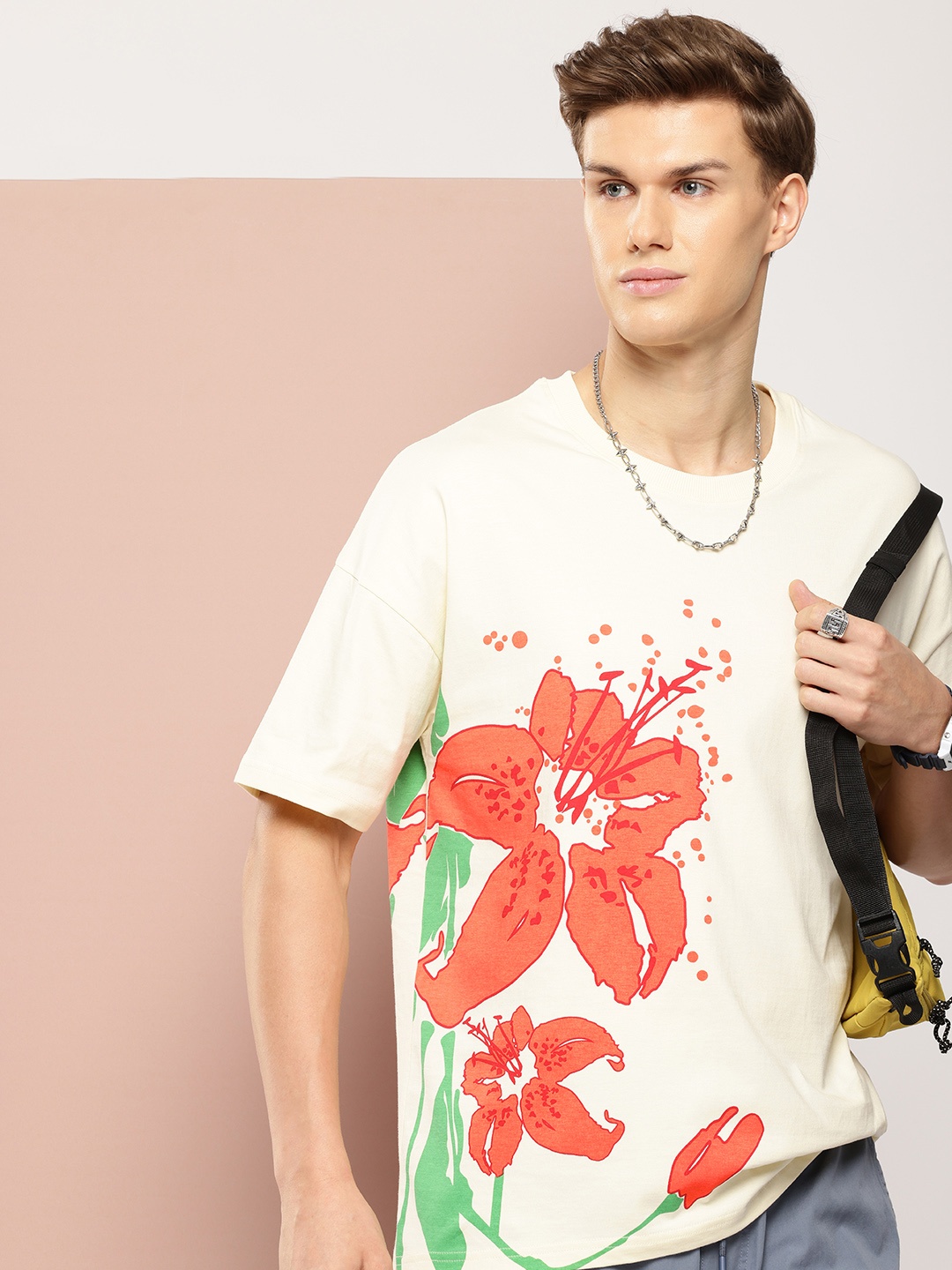 

Stormborn Men Floral Printed Oversized Pure Cotton T-shirt, White