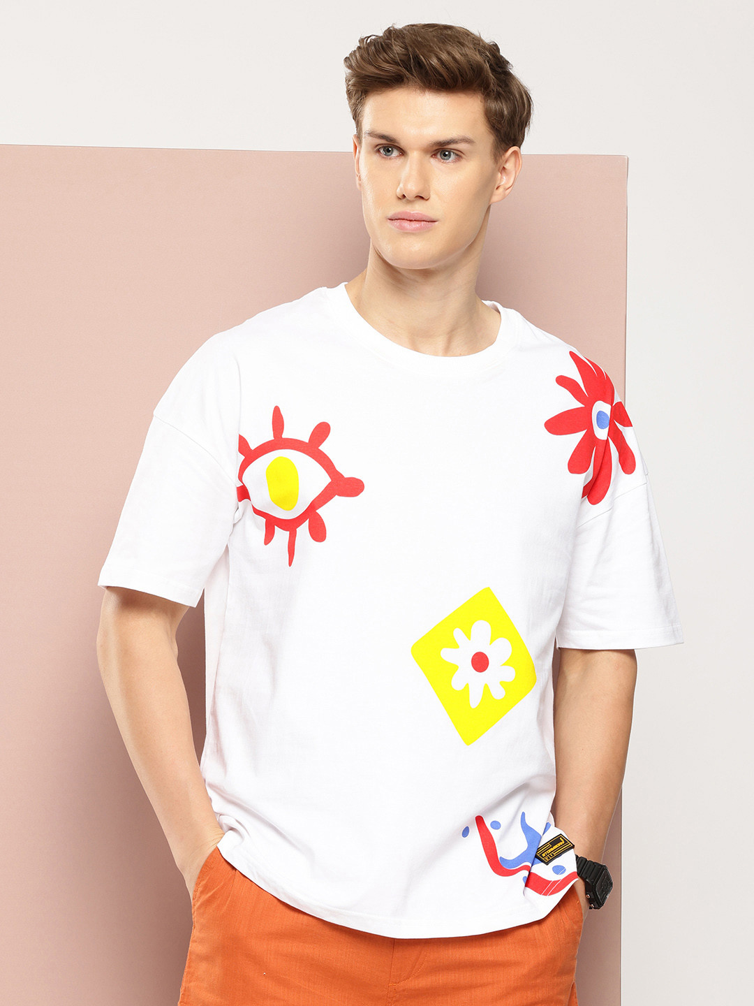 

Stormborn Men Printed Drop-Shoulder Sleeves Oversized Pure Cotton T-shirt, White