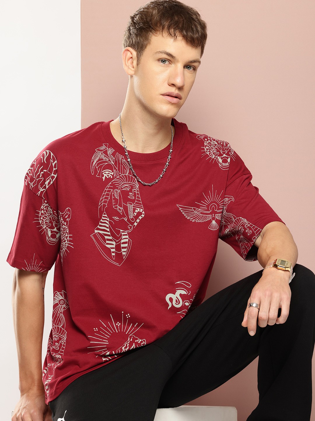 

Stormborn Men Printed Drop-Shoulder Sleeves Oversized Pure Cotton T-shirt, Maroon