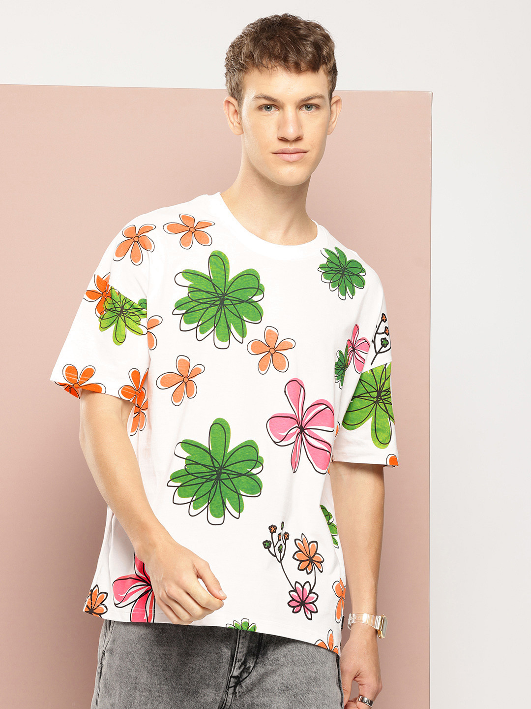 

Stormborn Men Floral Printed Drop-Shoulder Sleeves Oversized Pure Cotton T-shirt, Off white
