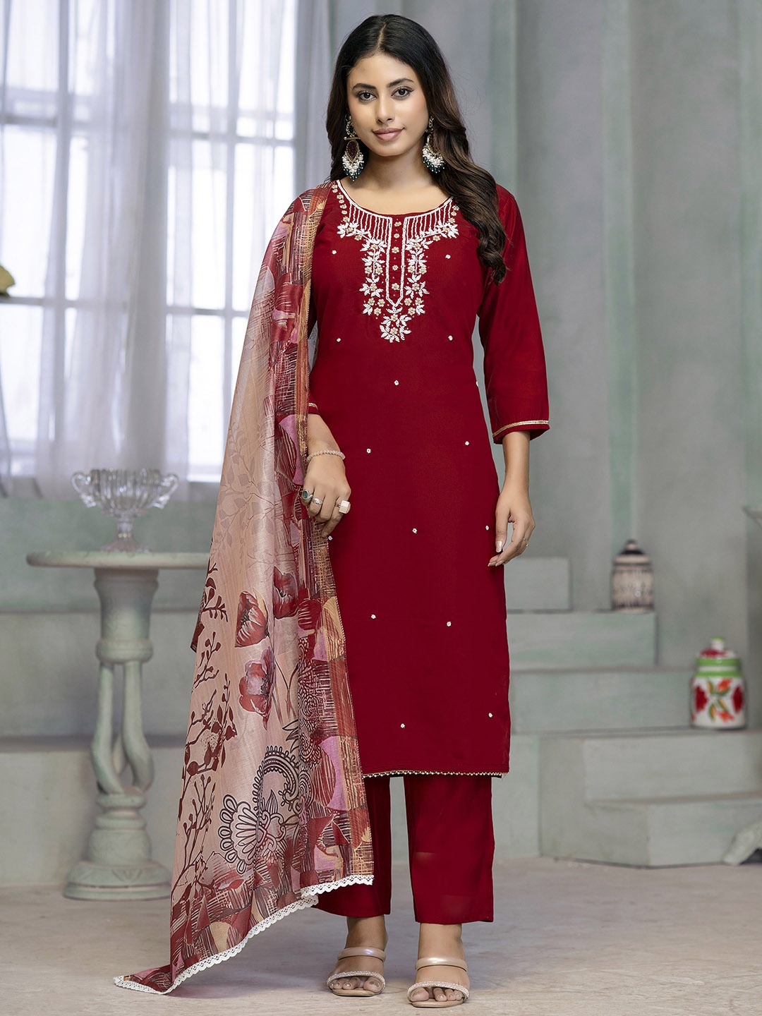 MANVAA Women Floral Embroidered Thread Work Straight Kurta With Trousers & Dupatta, Red