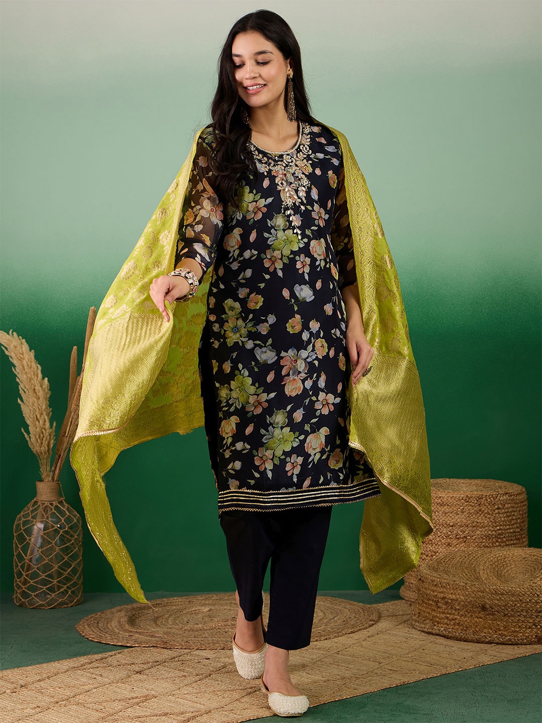 

MANVAA Women Floral Beads and Stones Kurta & Trouser with Dupatta, Navy blue