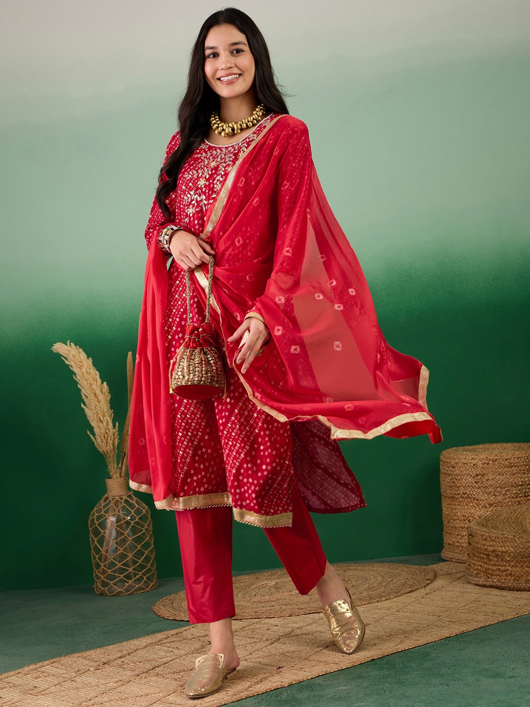 

MANVAA Women Floral Embroidered Kurta with Trousers & Dupatta, Red