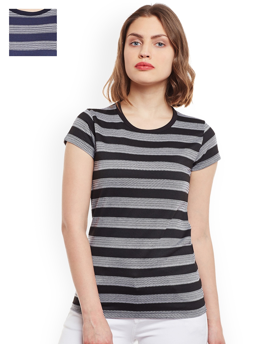 

VIMAL JONNEY Women Set of 2 Striped T-shirts, Black