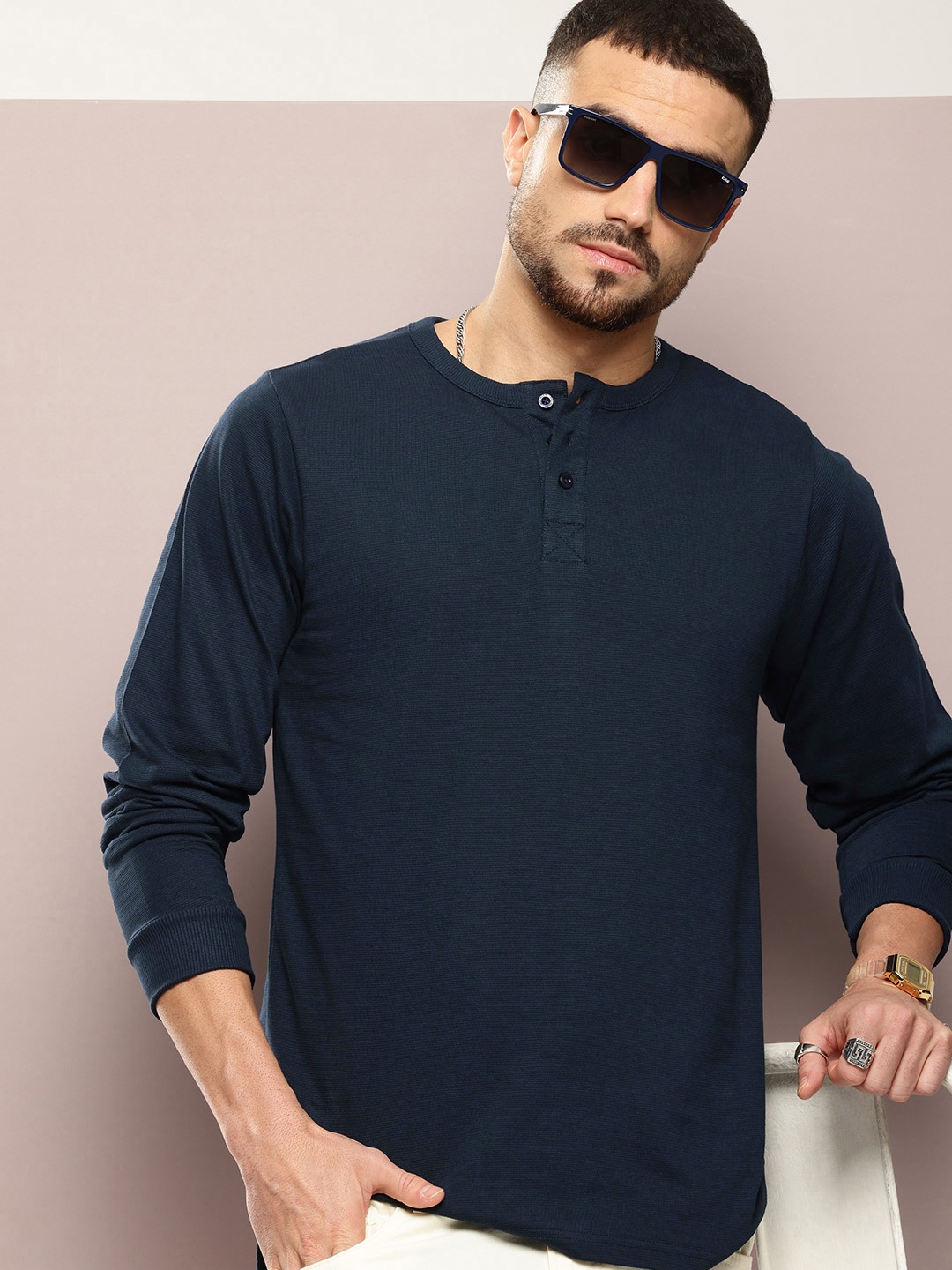 

DILLINGER Men Henley Neck T-shirt, Navy blue