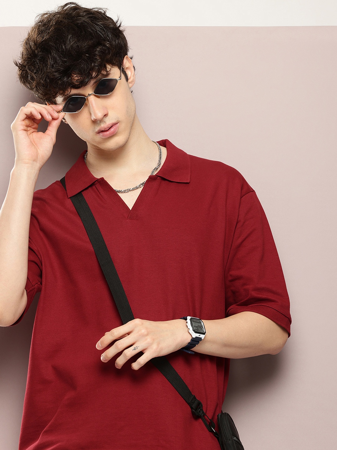 

DILLINGER Men Oversized Polo Collar T-shirt, Maroon