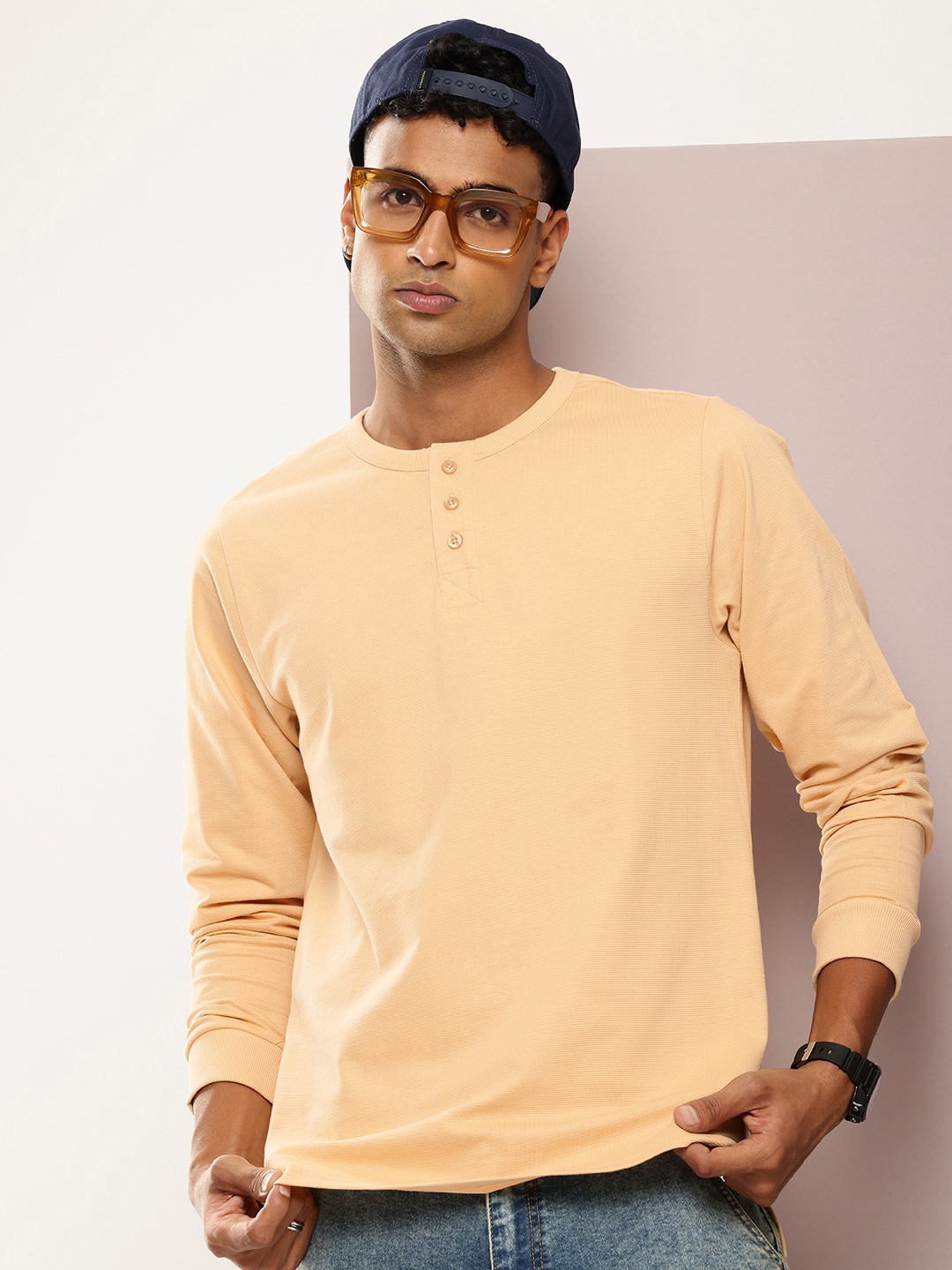 

DILLINGER Men Henley Neck T-shirt, Beige