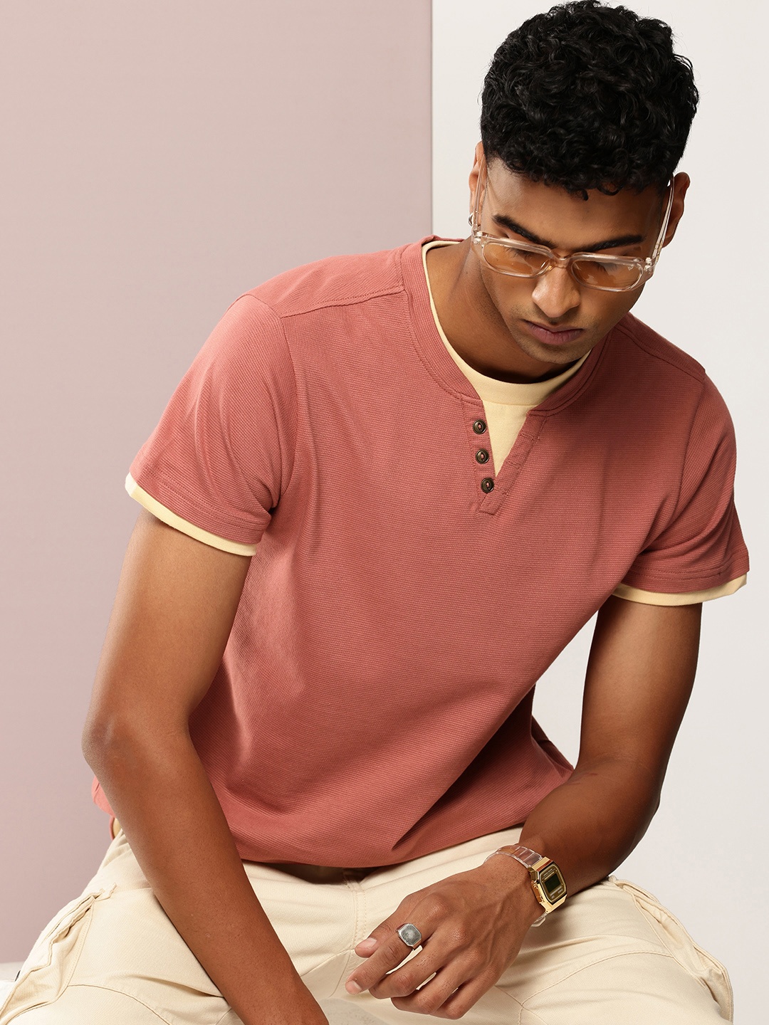 

DILLINGER Men Airtex Fabric Solid T-shirt, Mauve