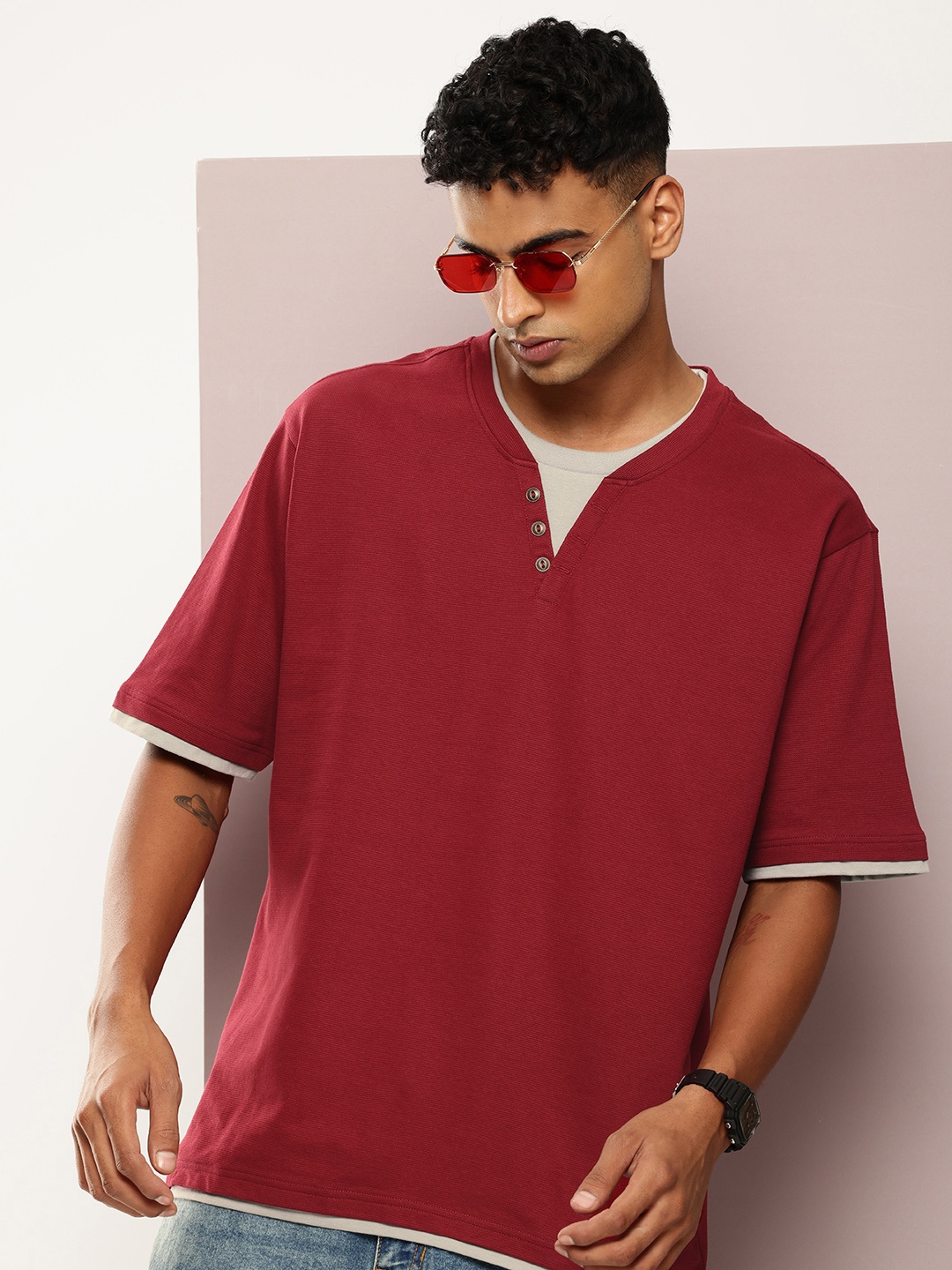 

DILLINGER Men Airtex Oversized T-shirt, Maroon