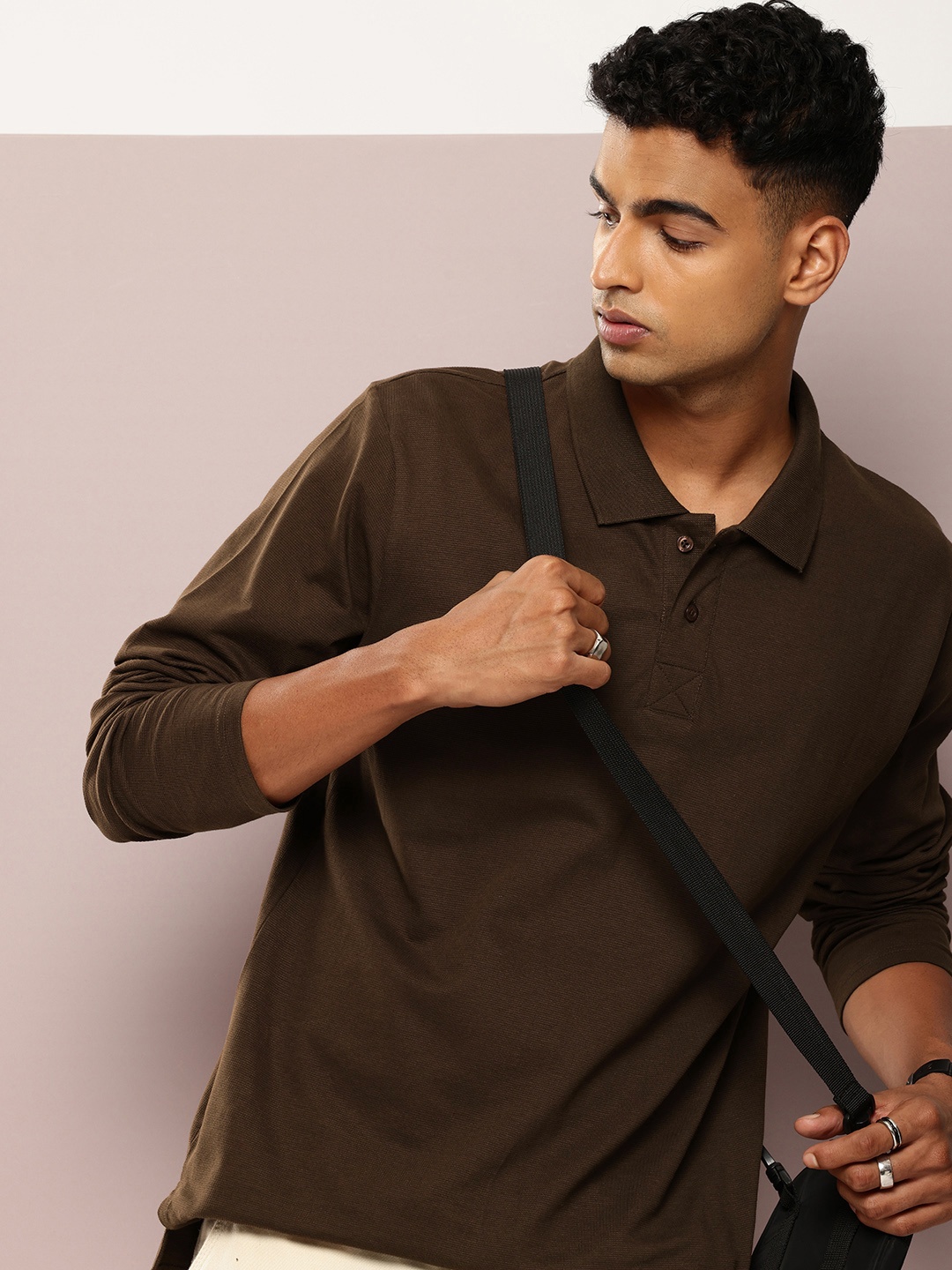

DILLINGER Men Polo Collar Oversized T-shirt, Brown