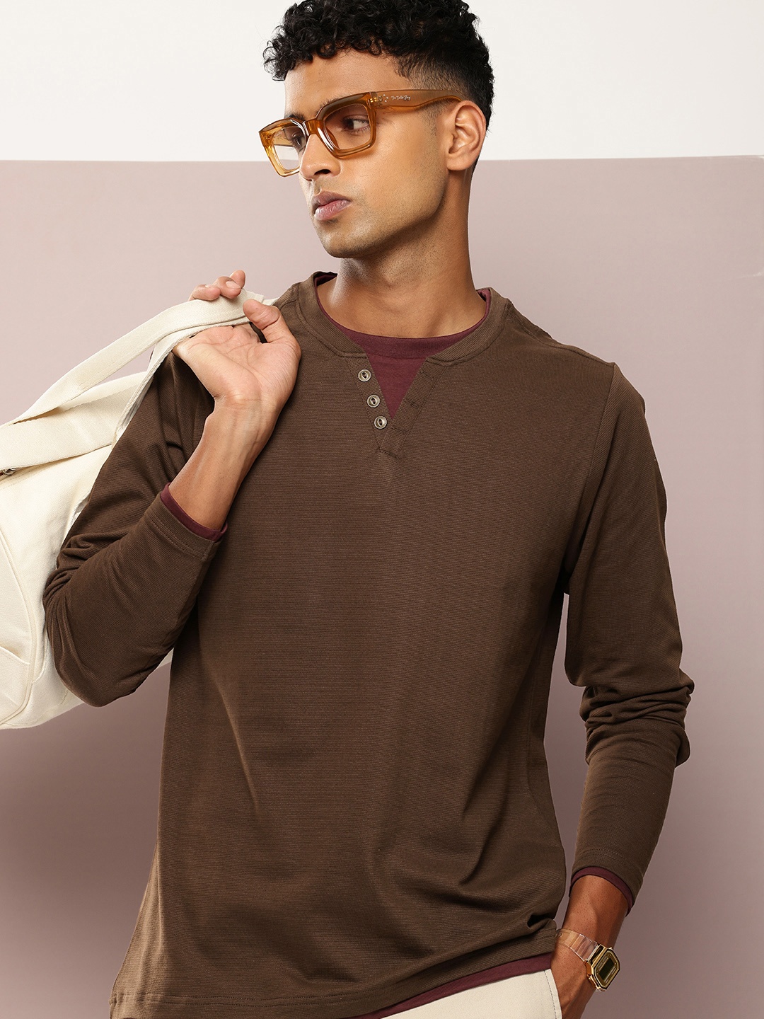 

DILLINGER Men Airtex Fabric Solid T-shirt, Brown