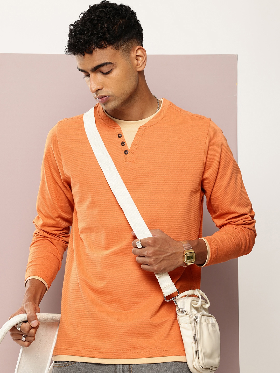 

DILLINGER Men Airtex Fabric Solid T-shirt, Orange