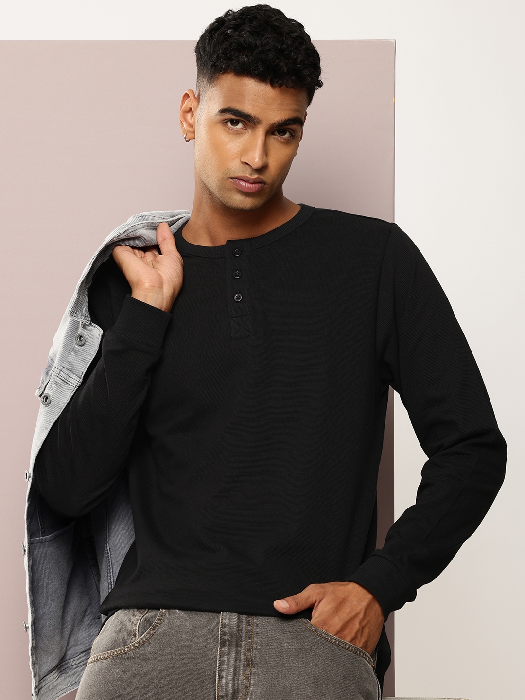 

DILLINGER Men Henley Neck T-shirt, Black