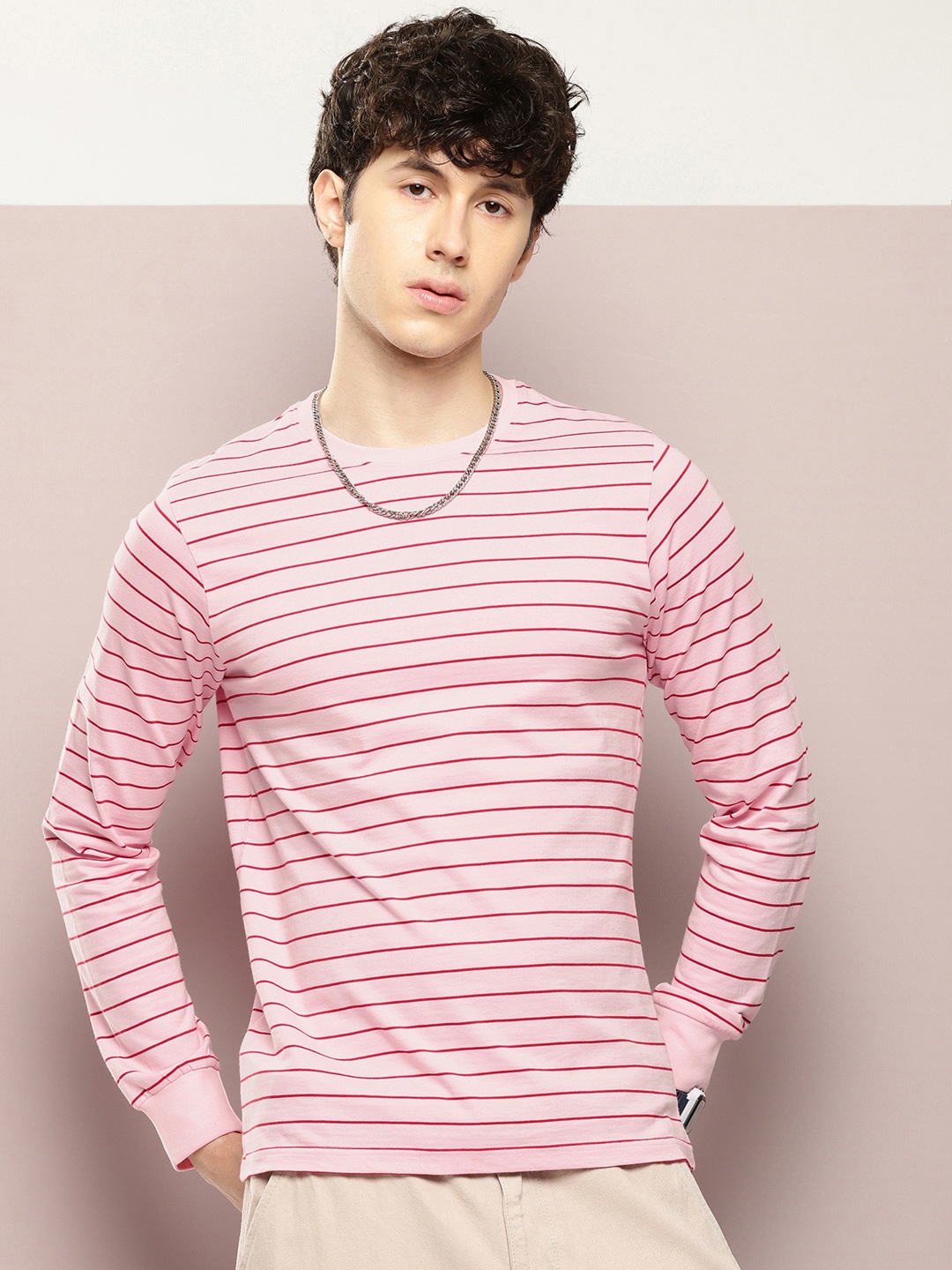 

DILLINGER Men Striped Pure Cotton T-shirt, Pink