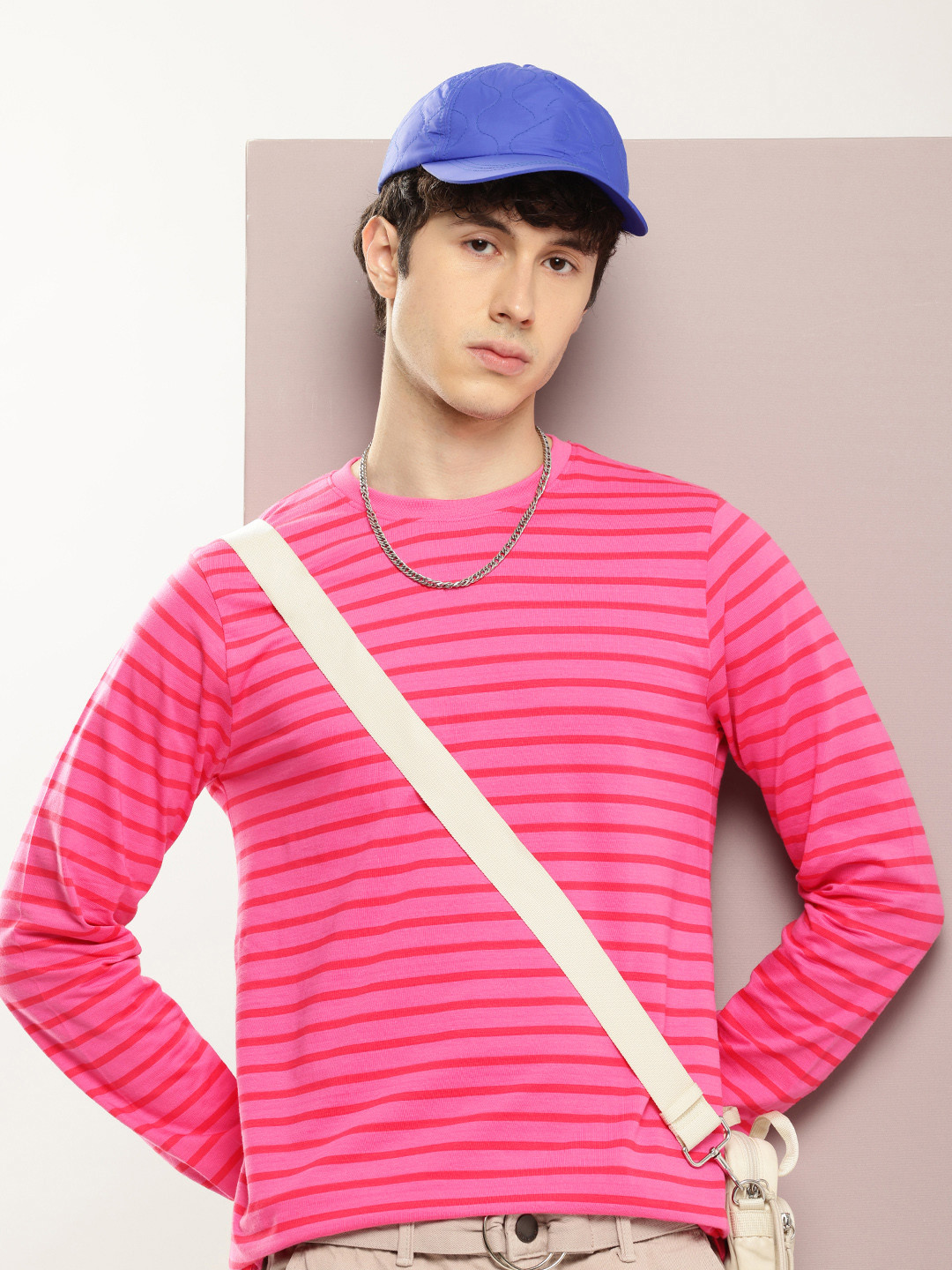 

DILLINGER Men Striped Pure Cotton T-shirt, Pink