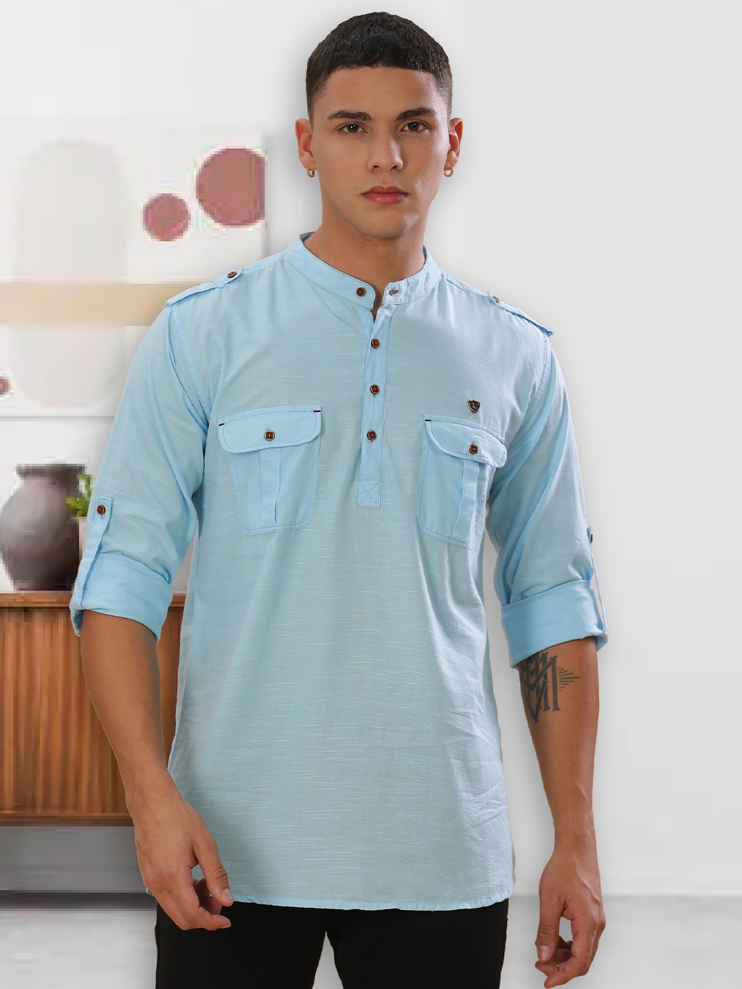

Kuons Avenue Mandarin Collar Roll-Up Sleeves Linen Short Pathani Kurta, Blue