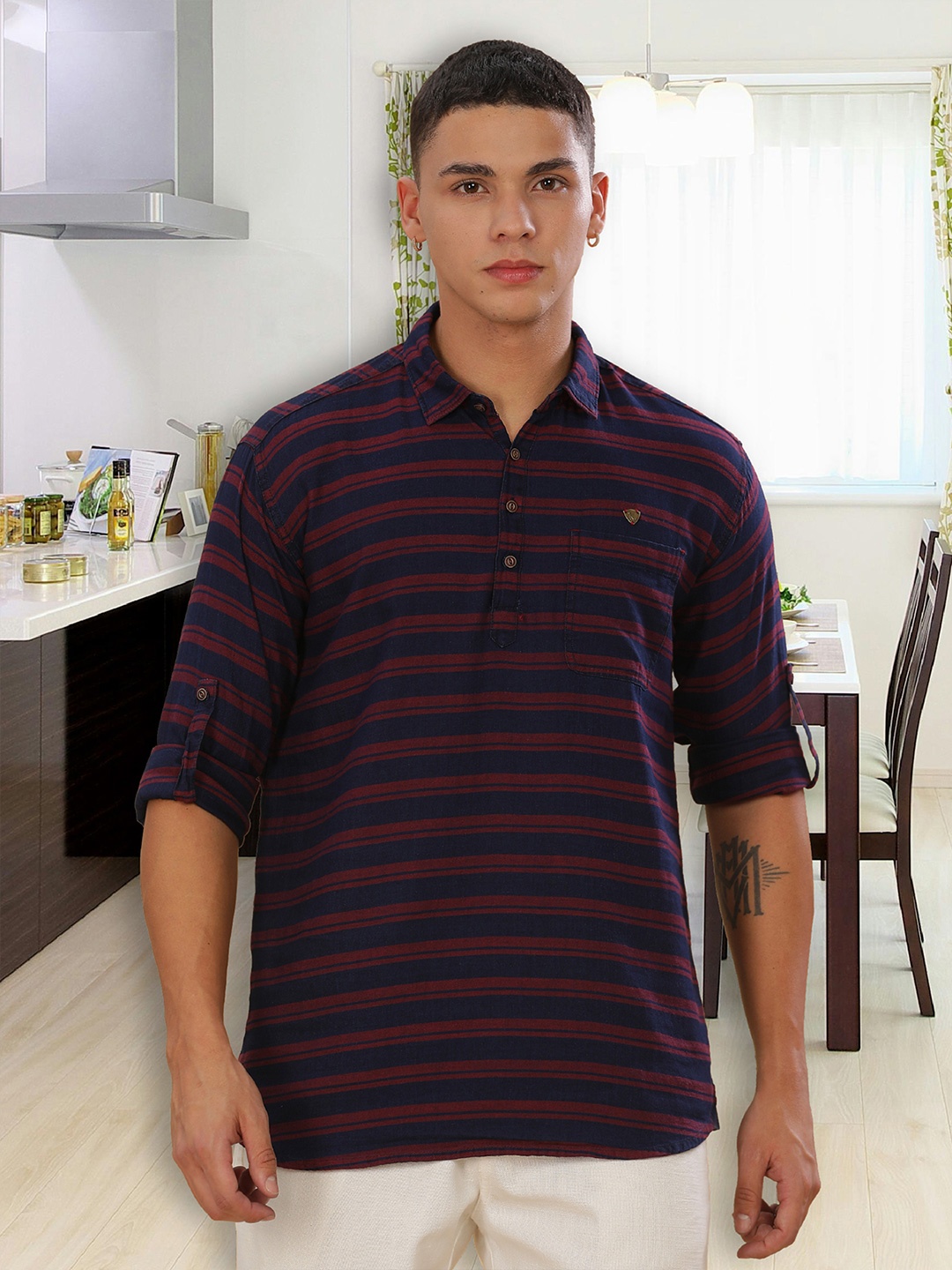 

Kuons Avenue Striped Shirt Collar Roll-Up Sleeves Short Denim Straight Kurta, Maroon