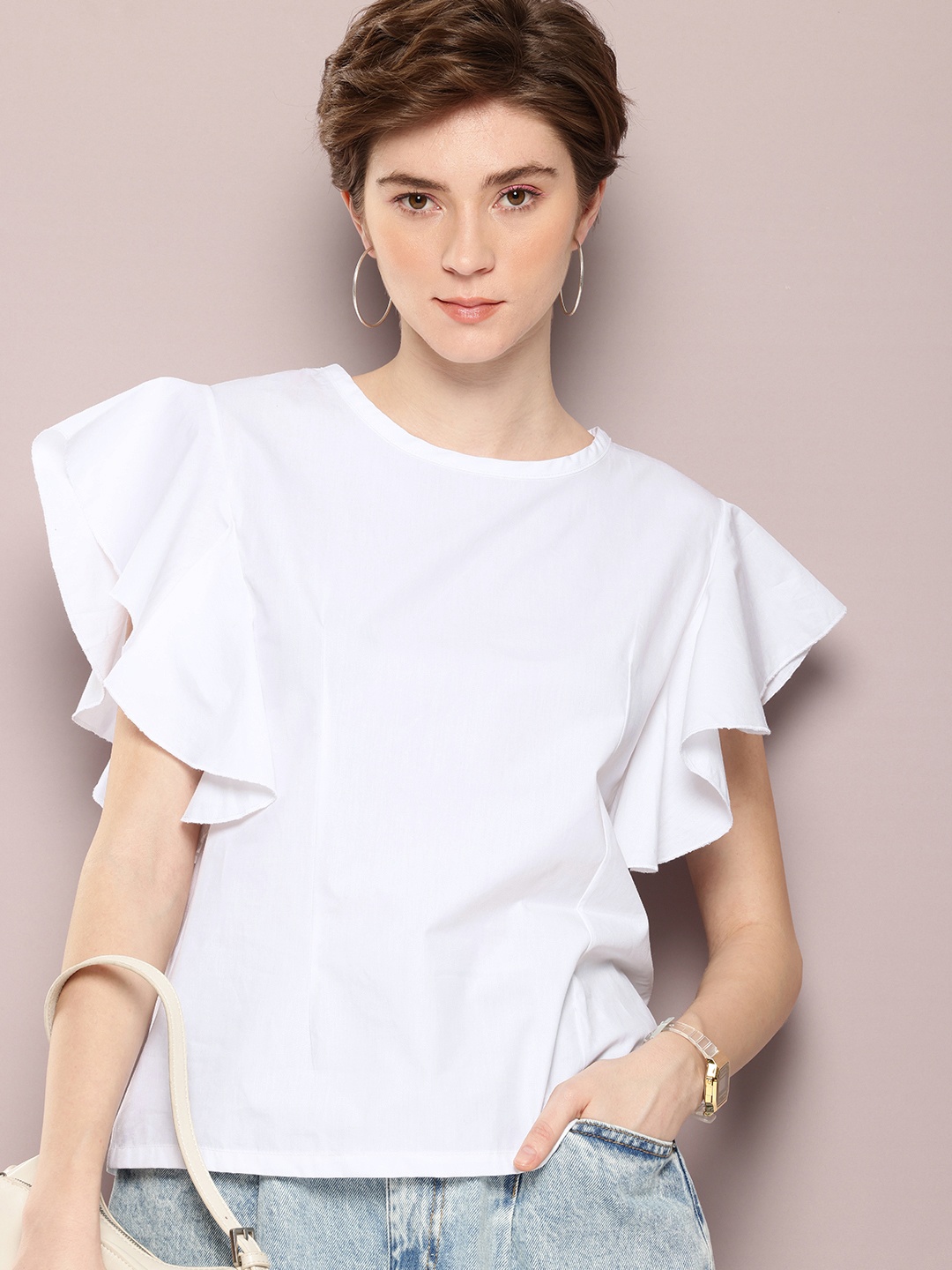 

Kook N Keech Flutter Sleeves Pure Cotton Top, White