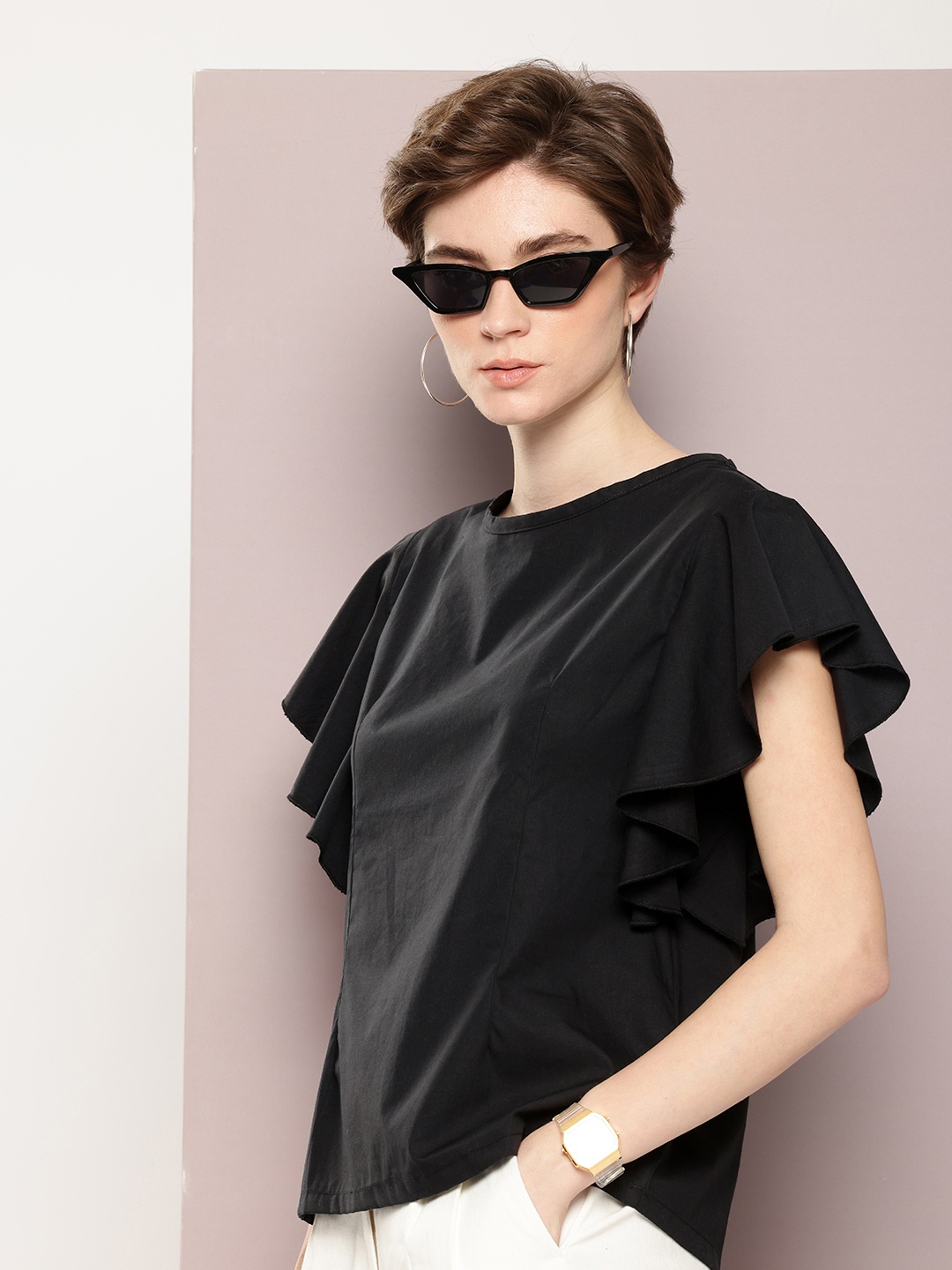 

Kook N Keech Flutter Sleeves Pure Cotton Top, Black