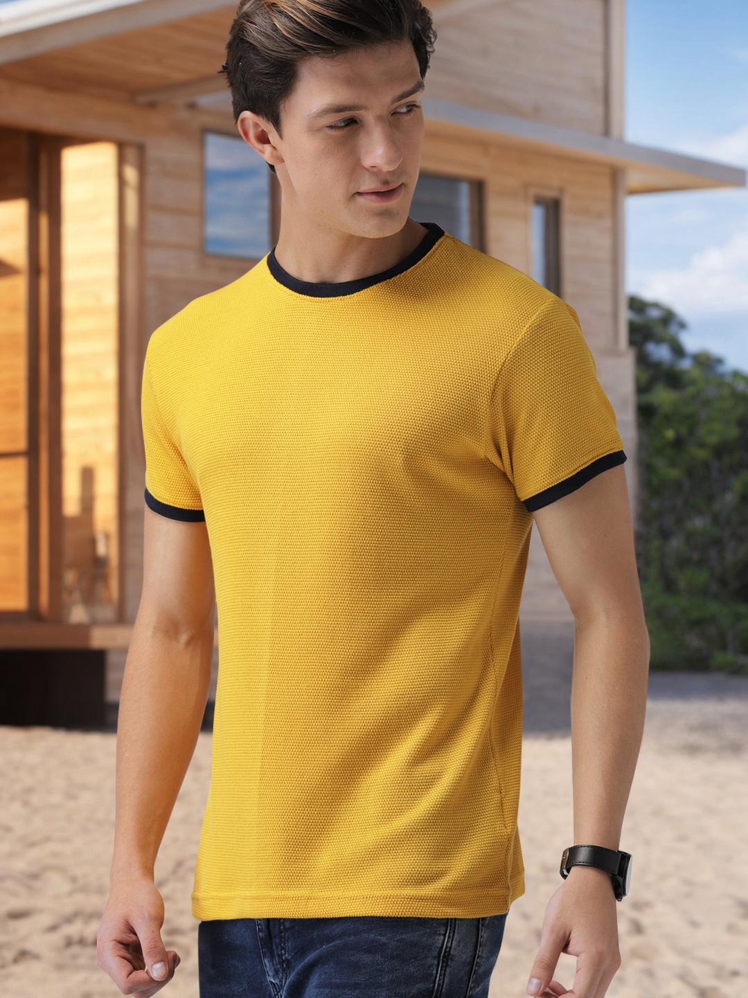 

Mast & Harbour Men Mustard Yellow Self Design Round Neck T-shirt