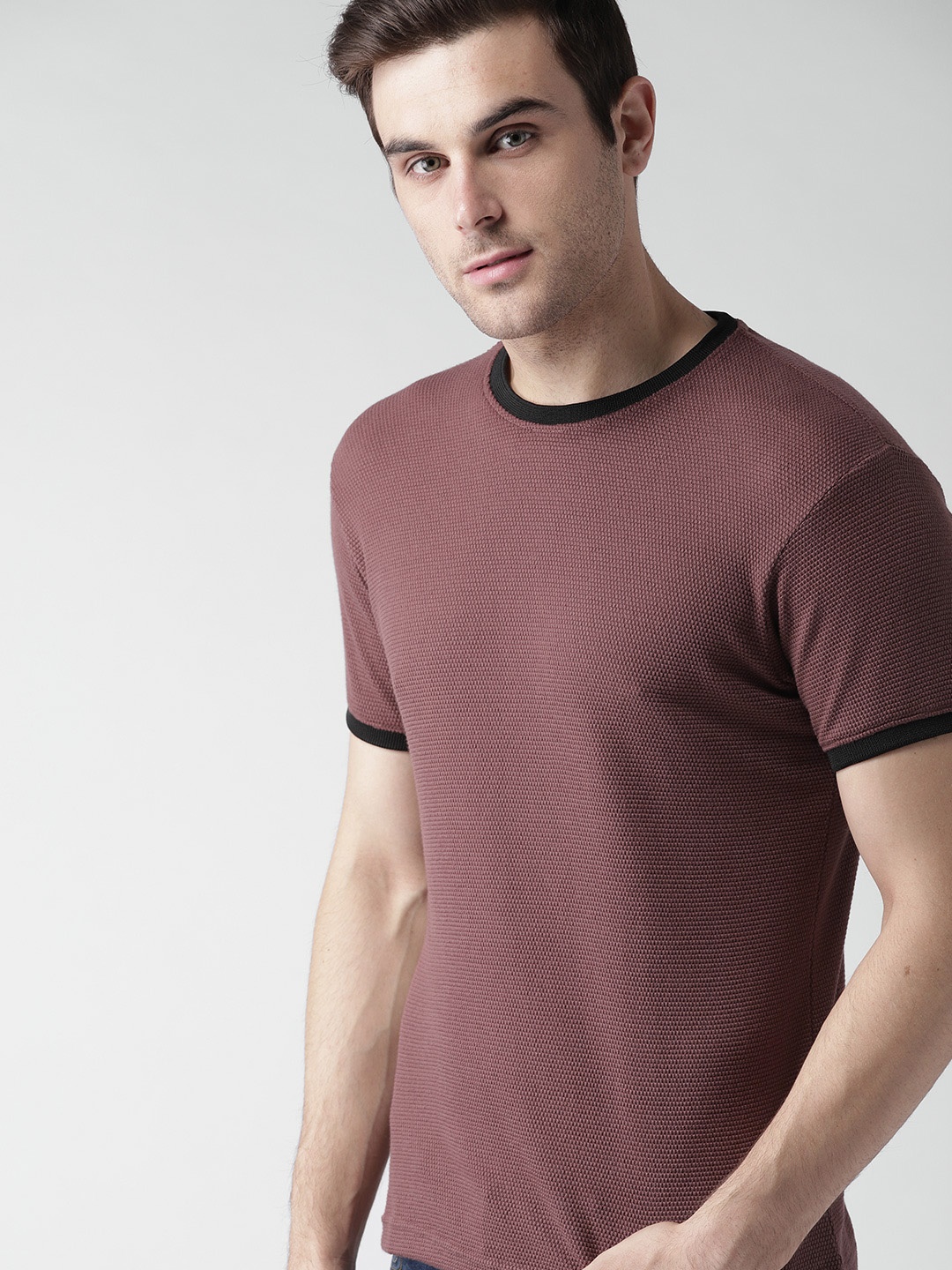 

Mast & Harbour Men Brown Self Design Round Neck T-shirt
